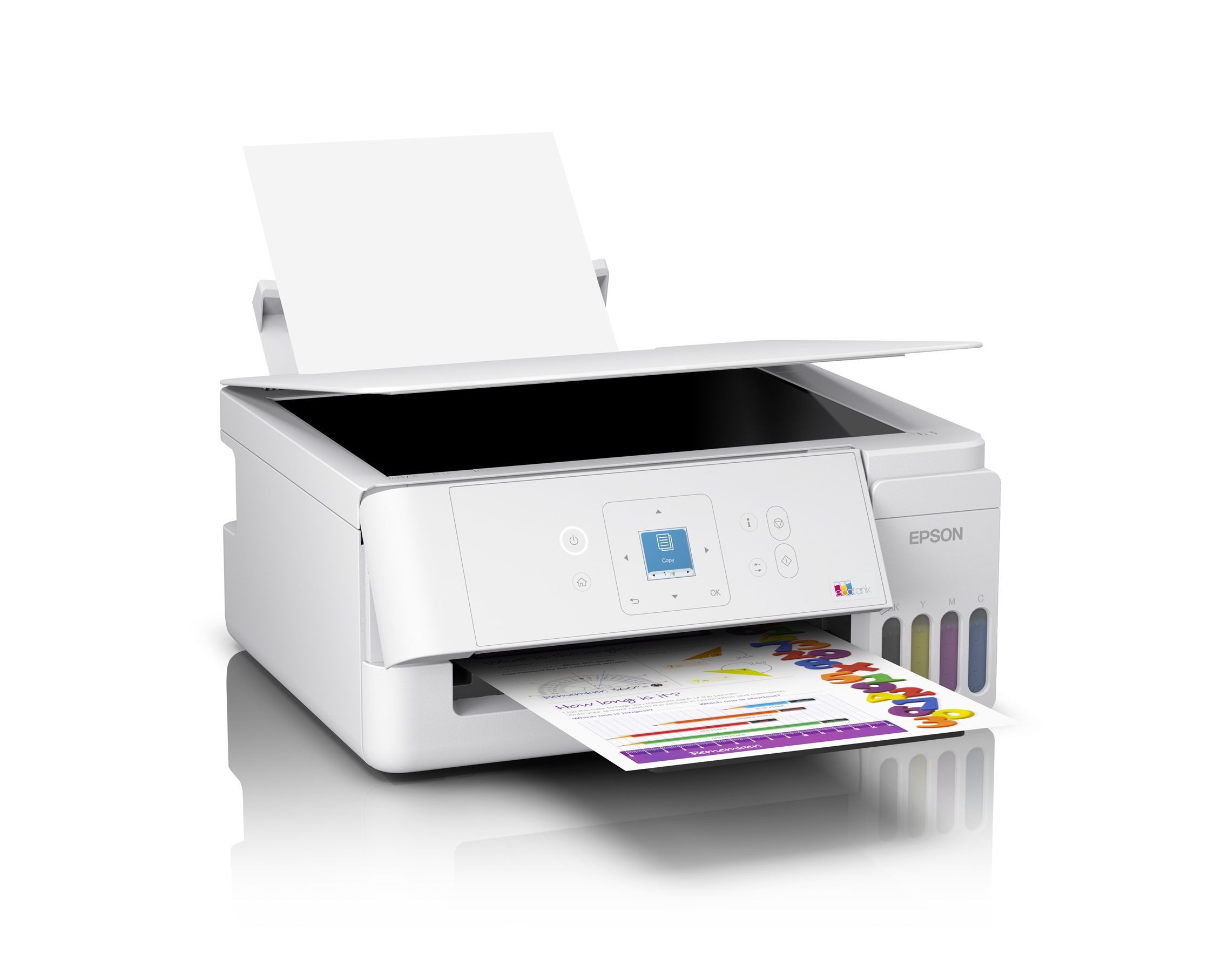 Mürekkep tanklı beyaz bir Epson yazıcı renkli bir belge yazdırıyor.