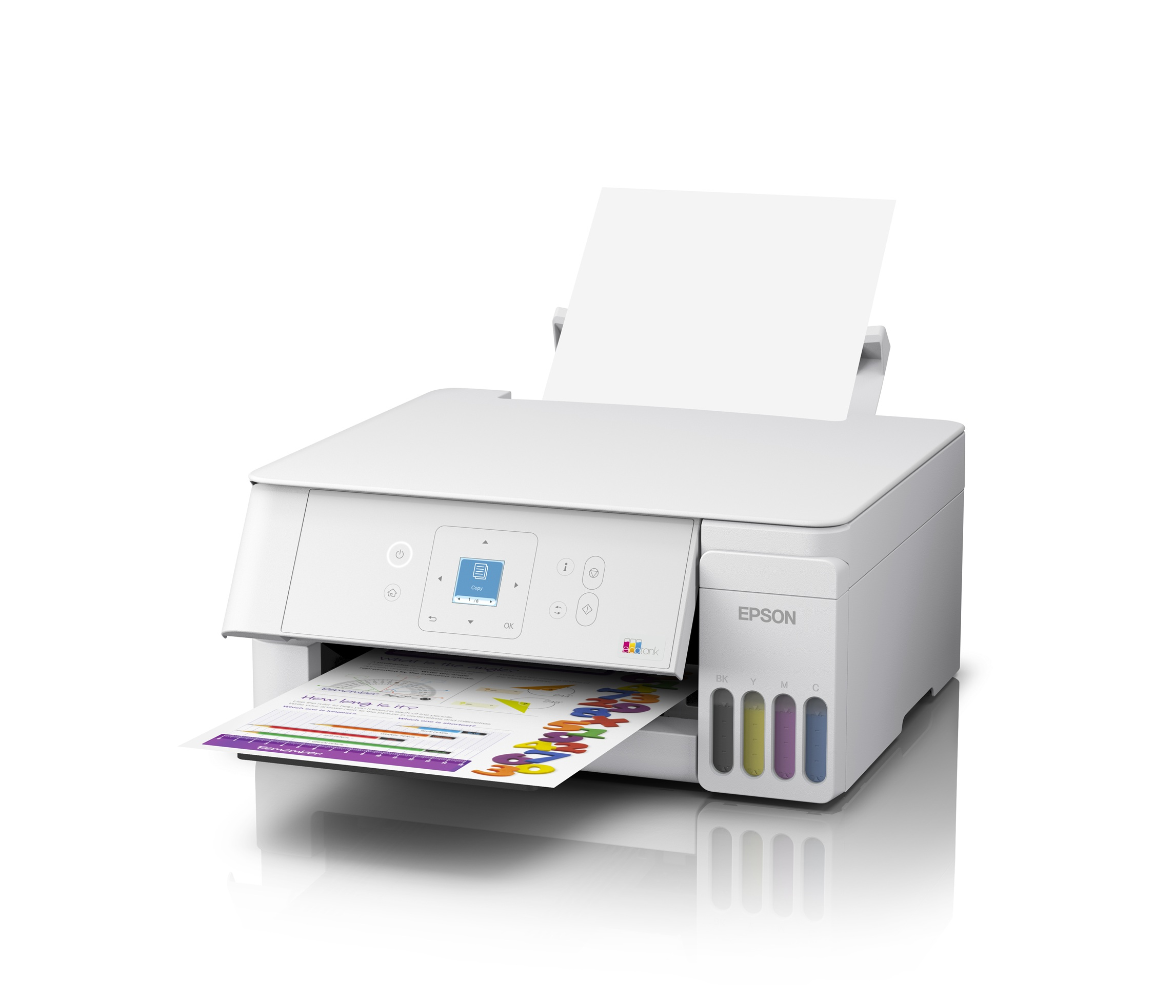 Baskılı kağıt ve mürekkep tankları olan beyaz bir Epson EcoTank yazıcı.