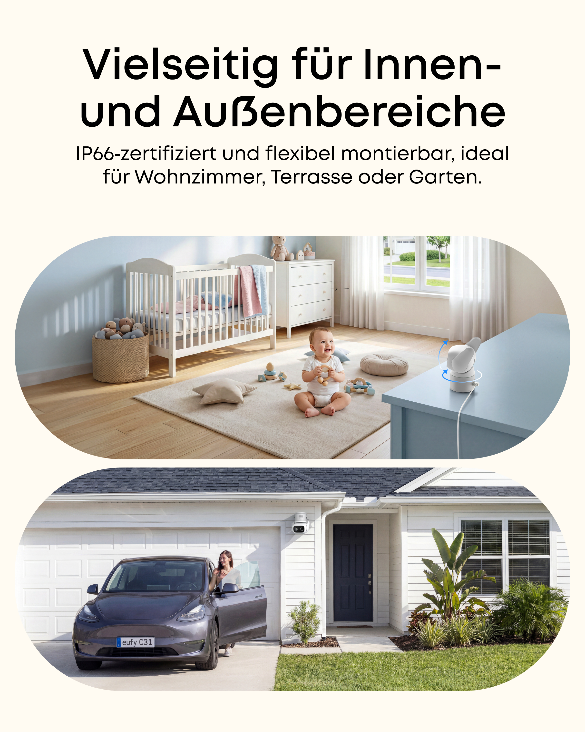 Baby im Kinderzimmer und Auto vor Garage. Innen- und Außenbereich.