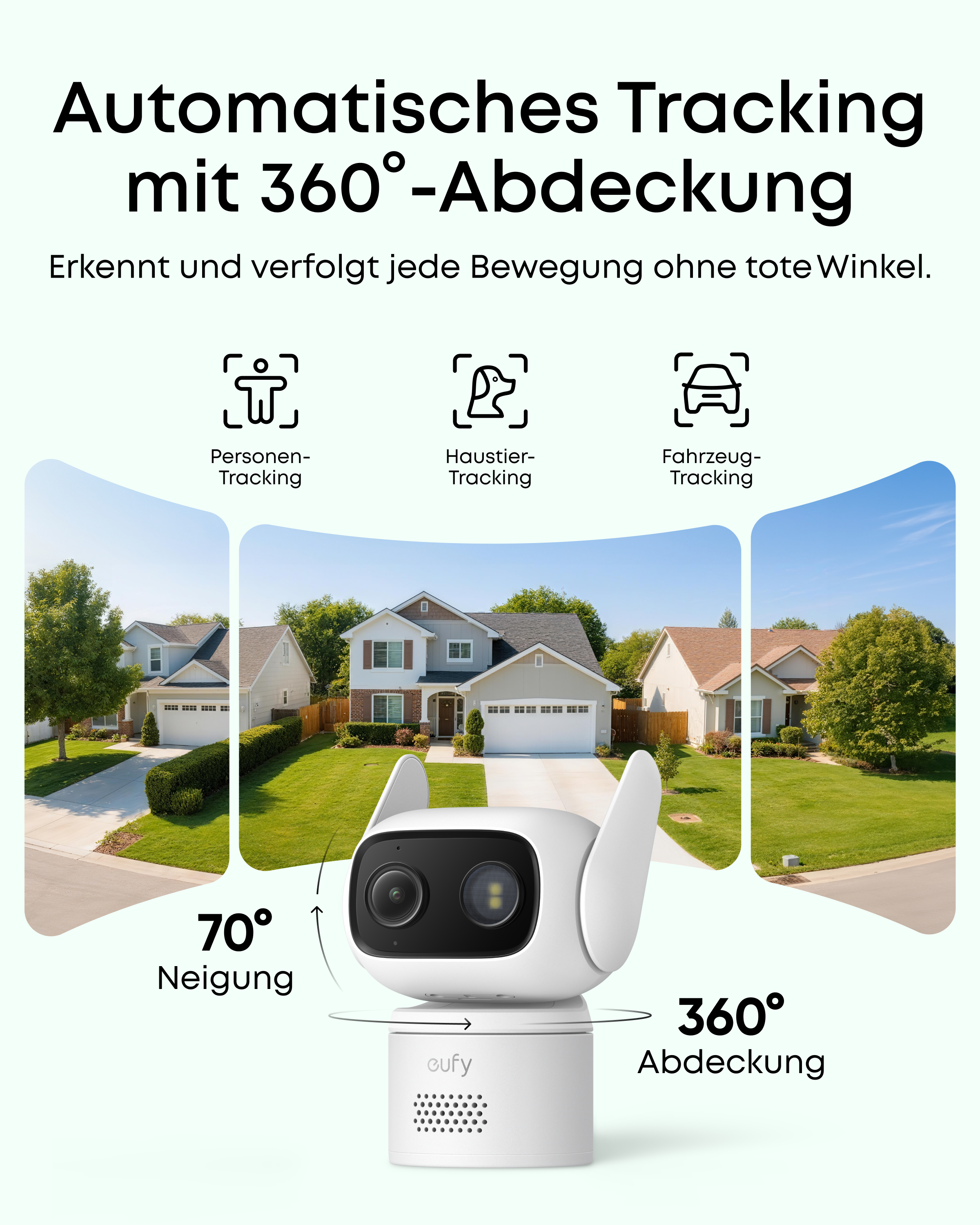 Ein Eufy Überwachungsgerät mit 70° Neigung und 360° Abdeckung vor drei Häusern.