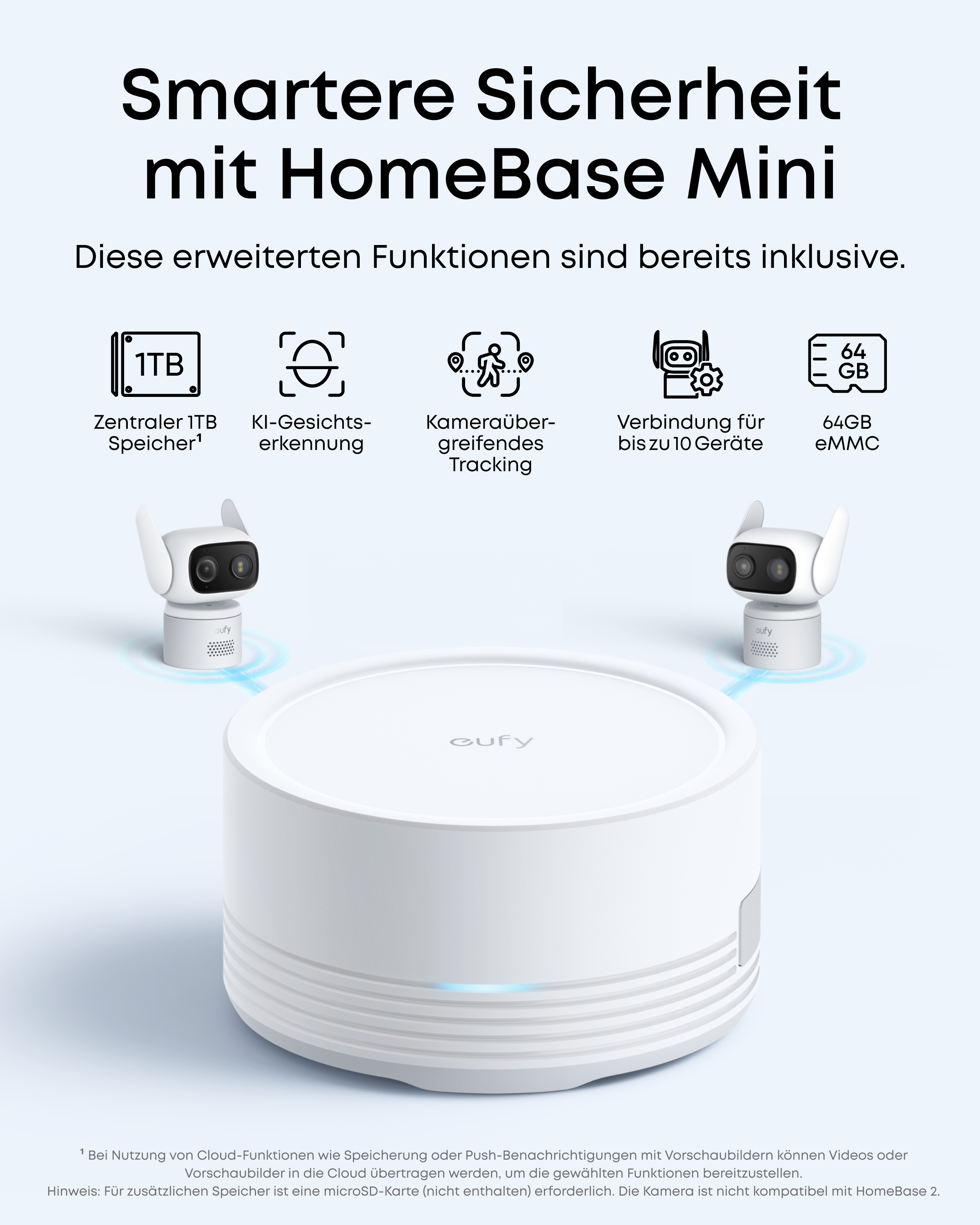 Eufy HomeBase Mini mit zwei Kameras, 1TB Speicher, KI-Gesichtserkennung.