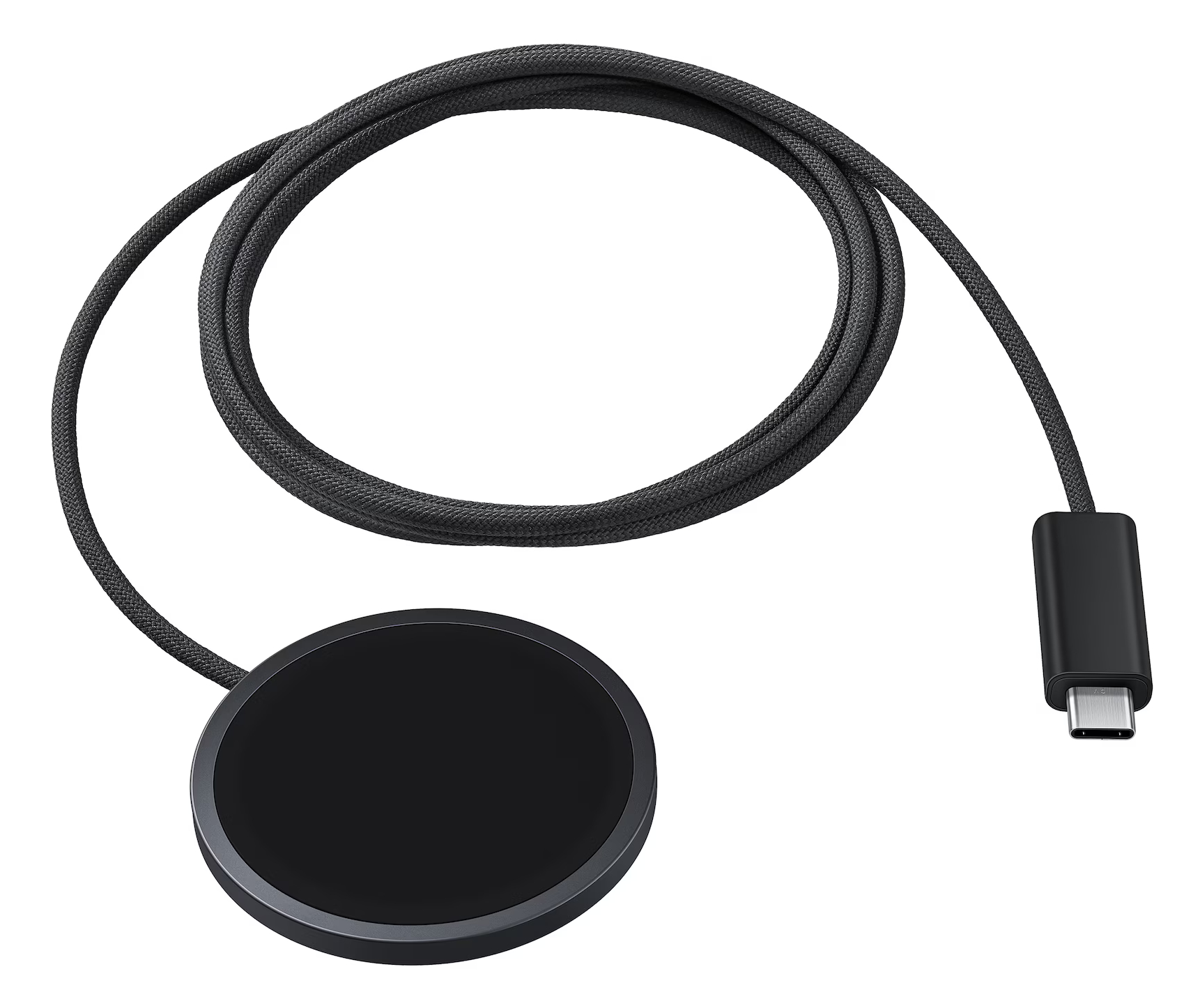 Czarny kabel ładujący z okrągłym magnetycznym modułem ładującym i złączem USB-C.