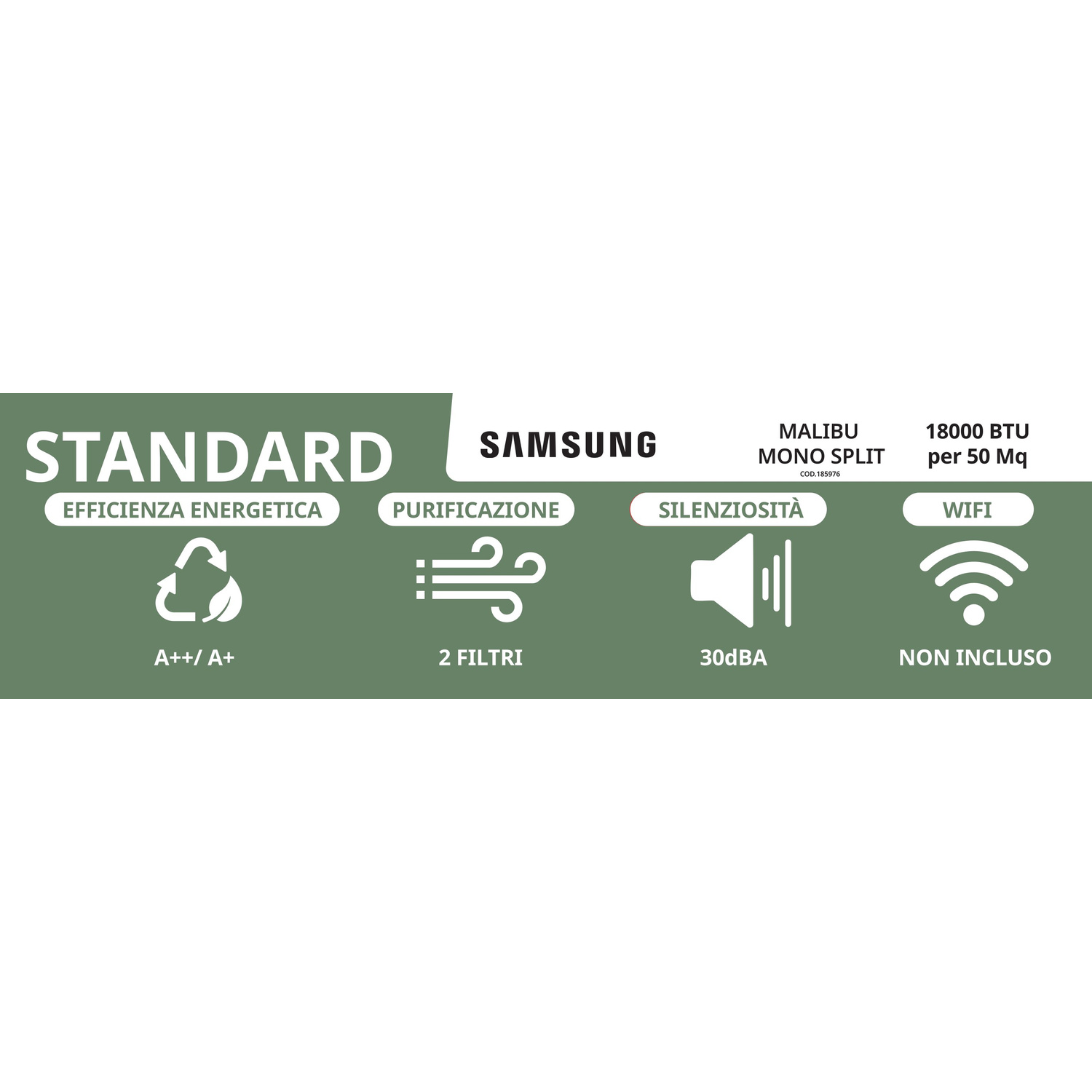 Condizionatore Samsung Standard: Efficienza A++/A+, 2 filtri, 30dBA, WiFi non incluso.