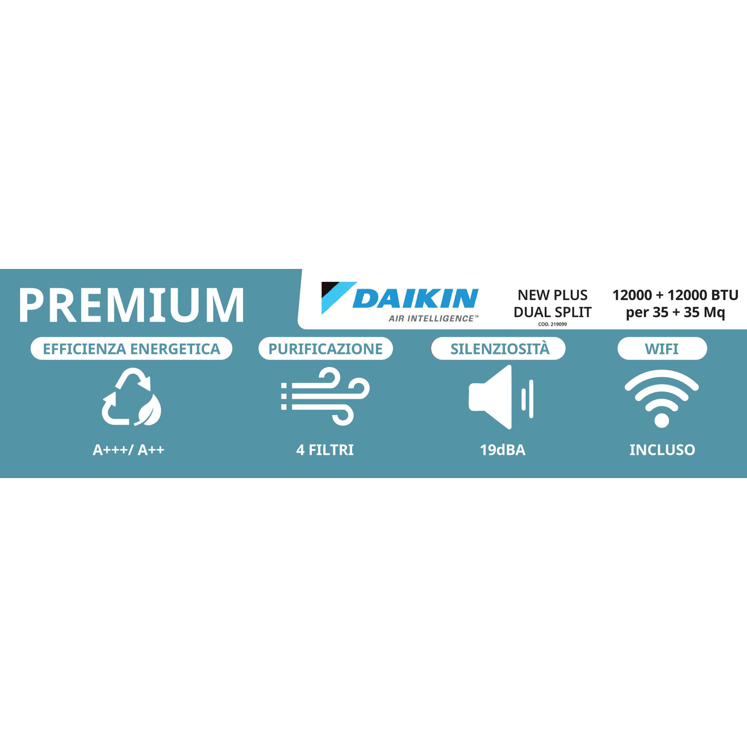 Condizionatore Daikin Premium Dual Split: Efficienza energetica A+++/A++, 4 filtri, 19dBA, WiFi.