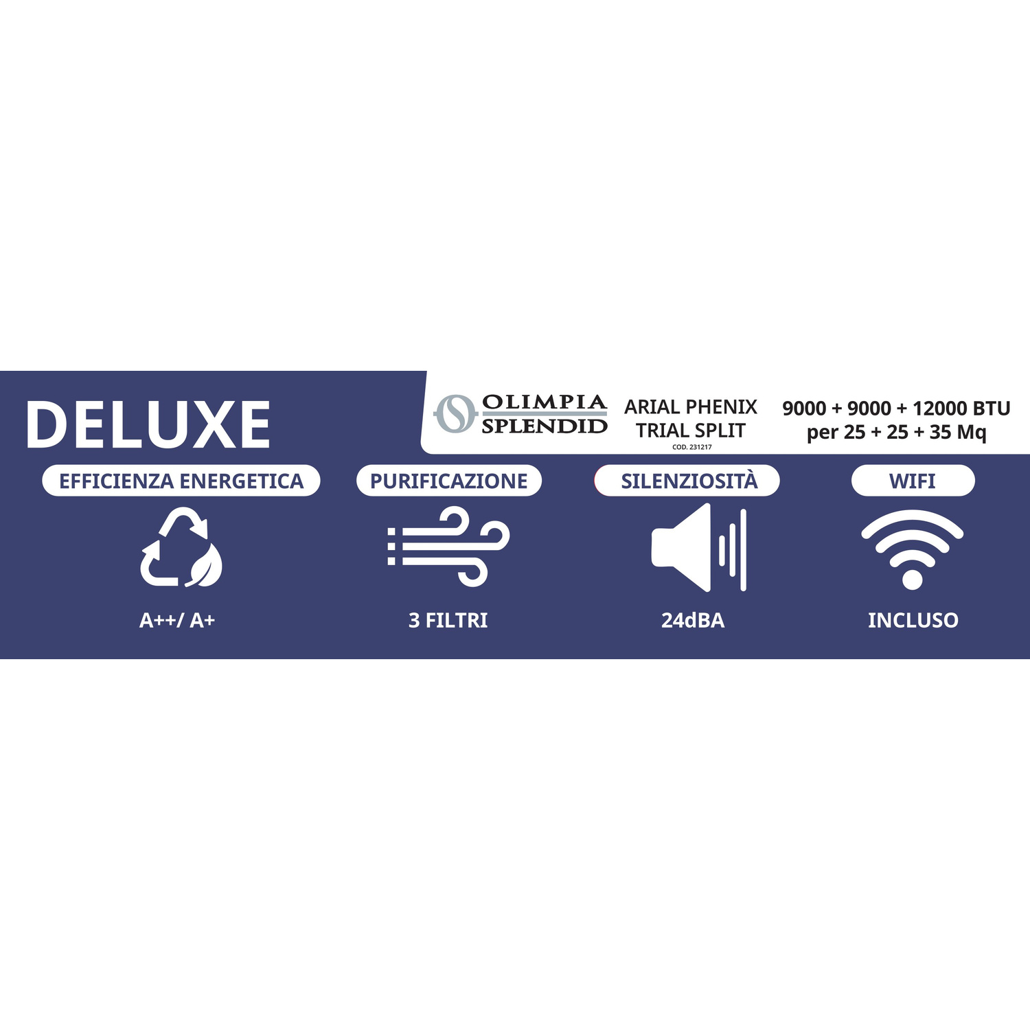 Condizionatore Deluxe: Efficienza energetica A++/A+, 3 filtri, 24dBA, WiFi.