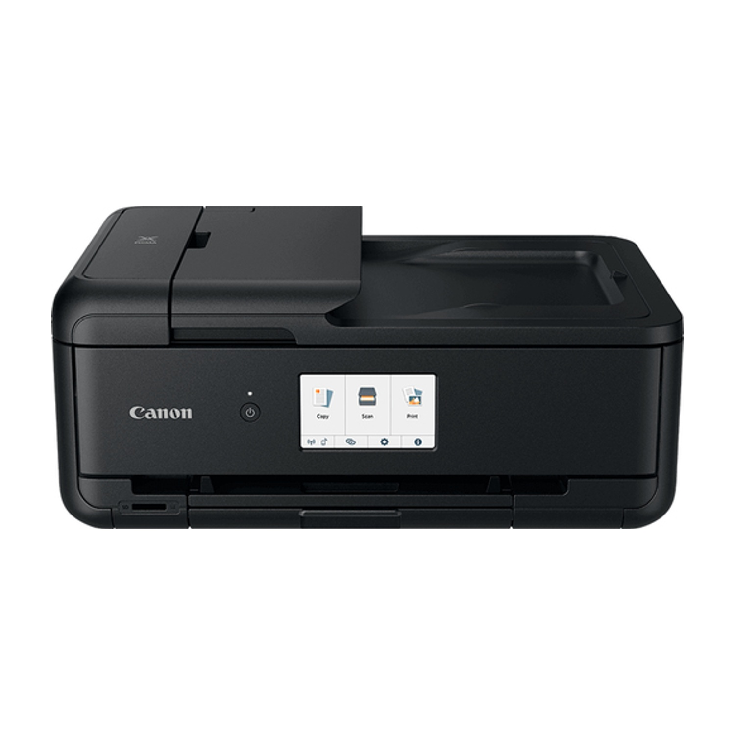 Stampante Canon nera con touchscreen che mostra icone copia, scansione e stampa.