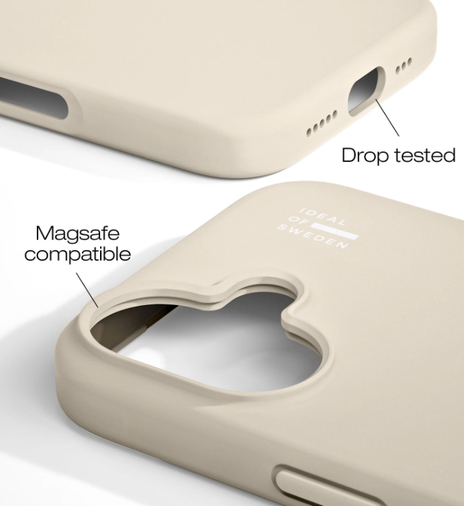 Beige Handyhülle mit MagSafe-Kompatibilität und Falltest-Hinweis.