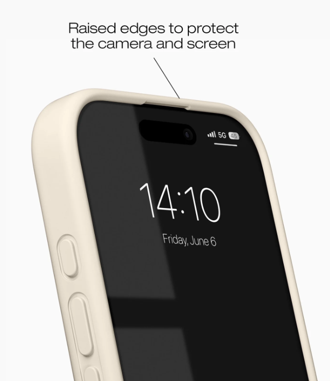 Ein hellbeiges Handy mit einem schwarzen Bildschirm, das die Uhrzeit 14:10 anzeigt.