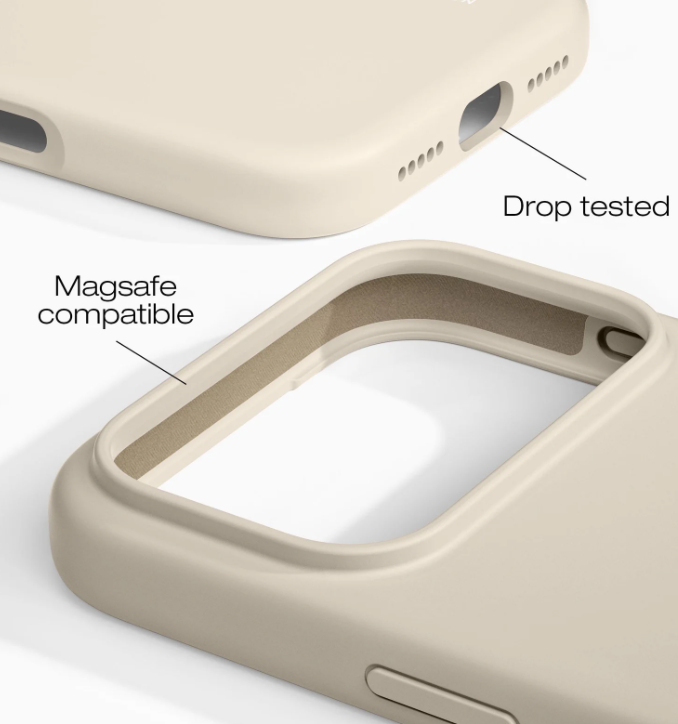 Helles iPhone-Hülle mit MagSafe-Kompatibilität und „Drop tested“-Markierung.