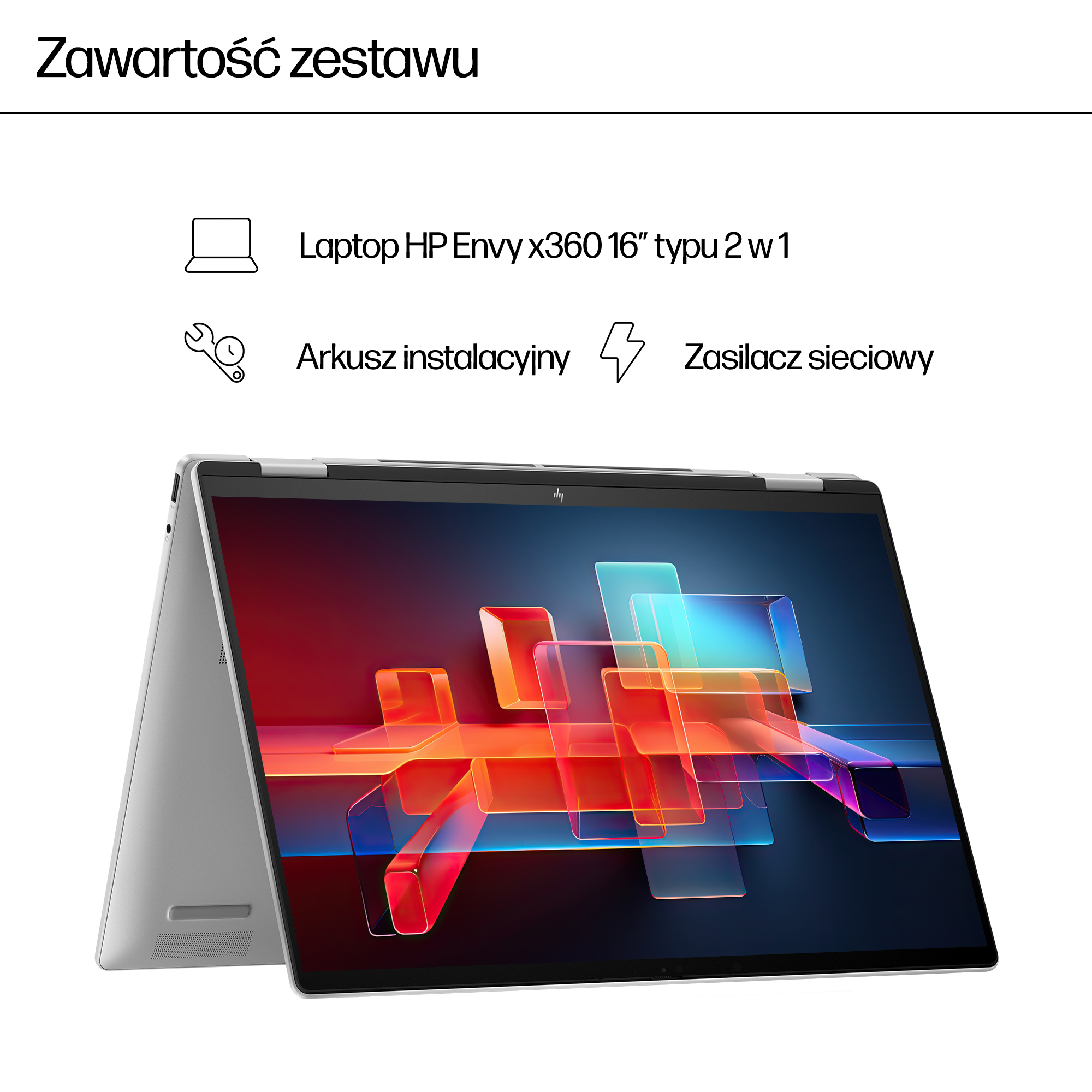 Srebrny laptop HP Envy x360 16" z kolorową abstrakcyjną tapetą.