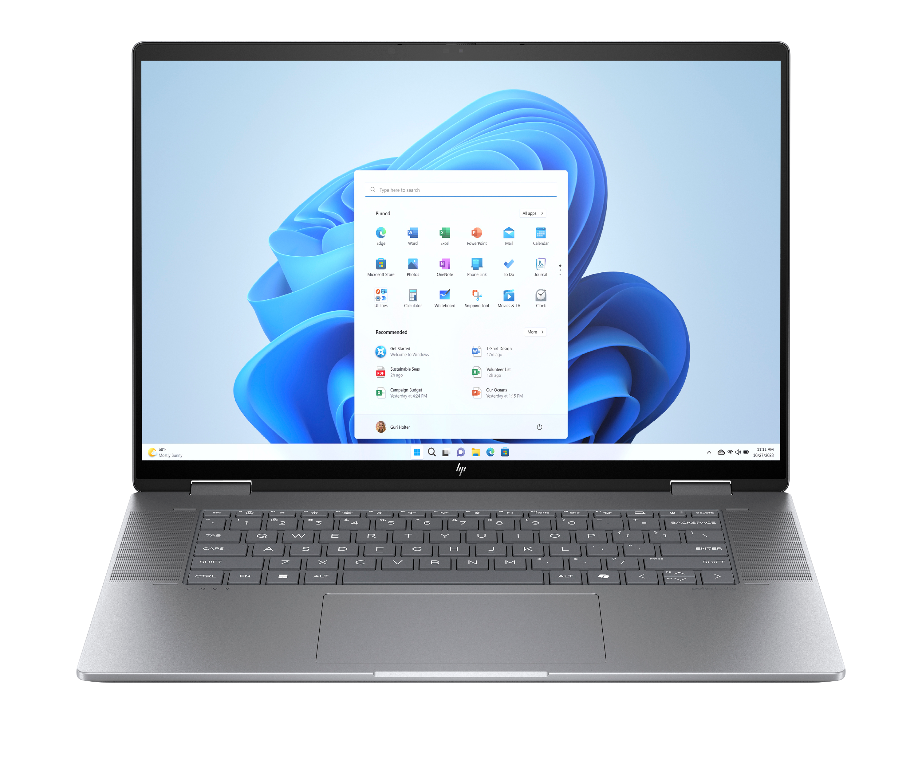 Srebrny laptop z menu Start systemu Windows 11 i niebieską grafiką tła.