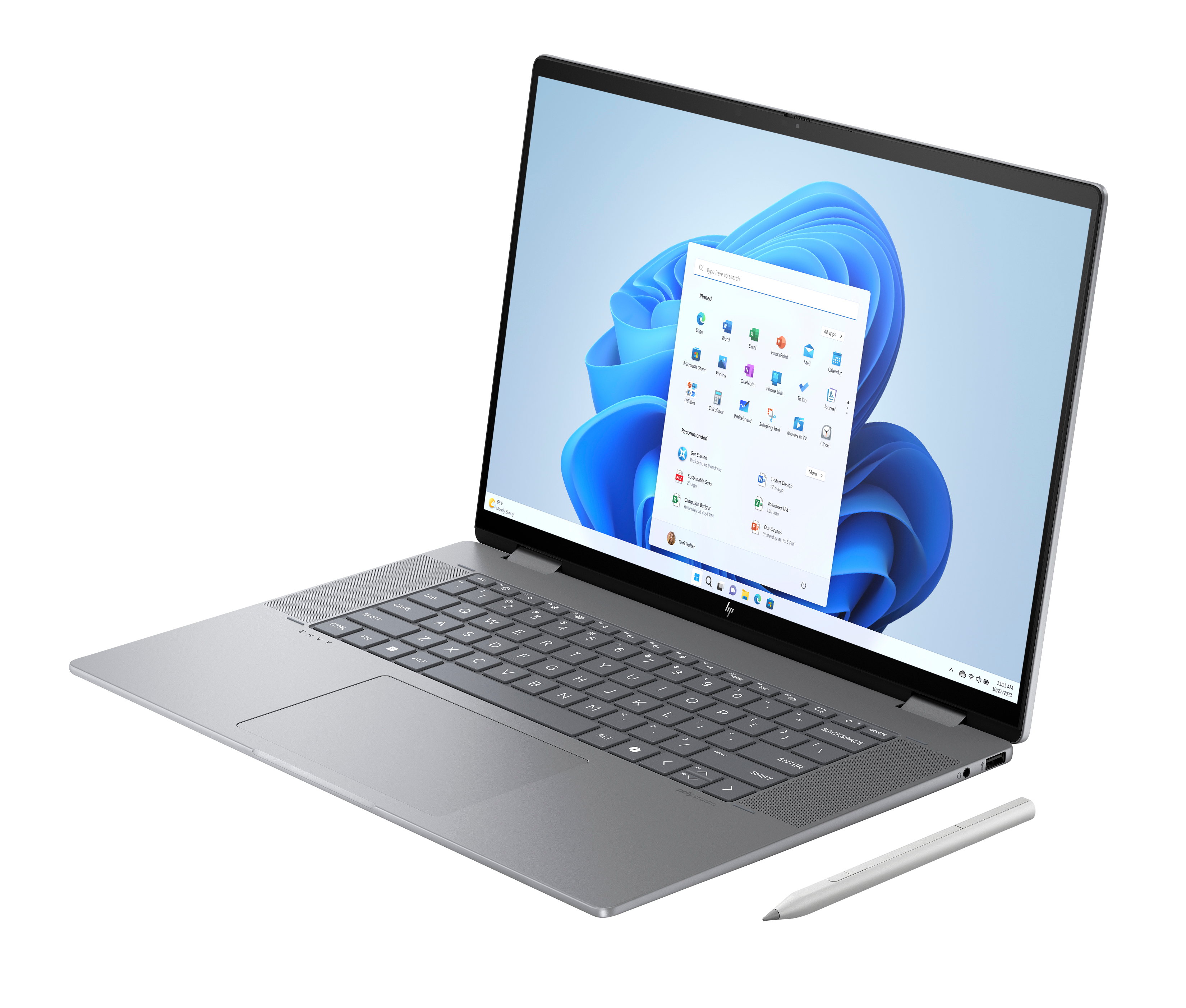 Srebrny laptop z ekranem dotykowym wyświetlającym system Windows 11. Obok leży rysik.
