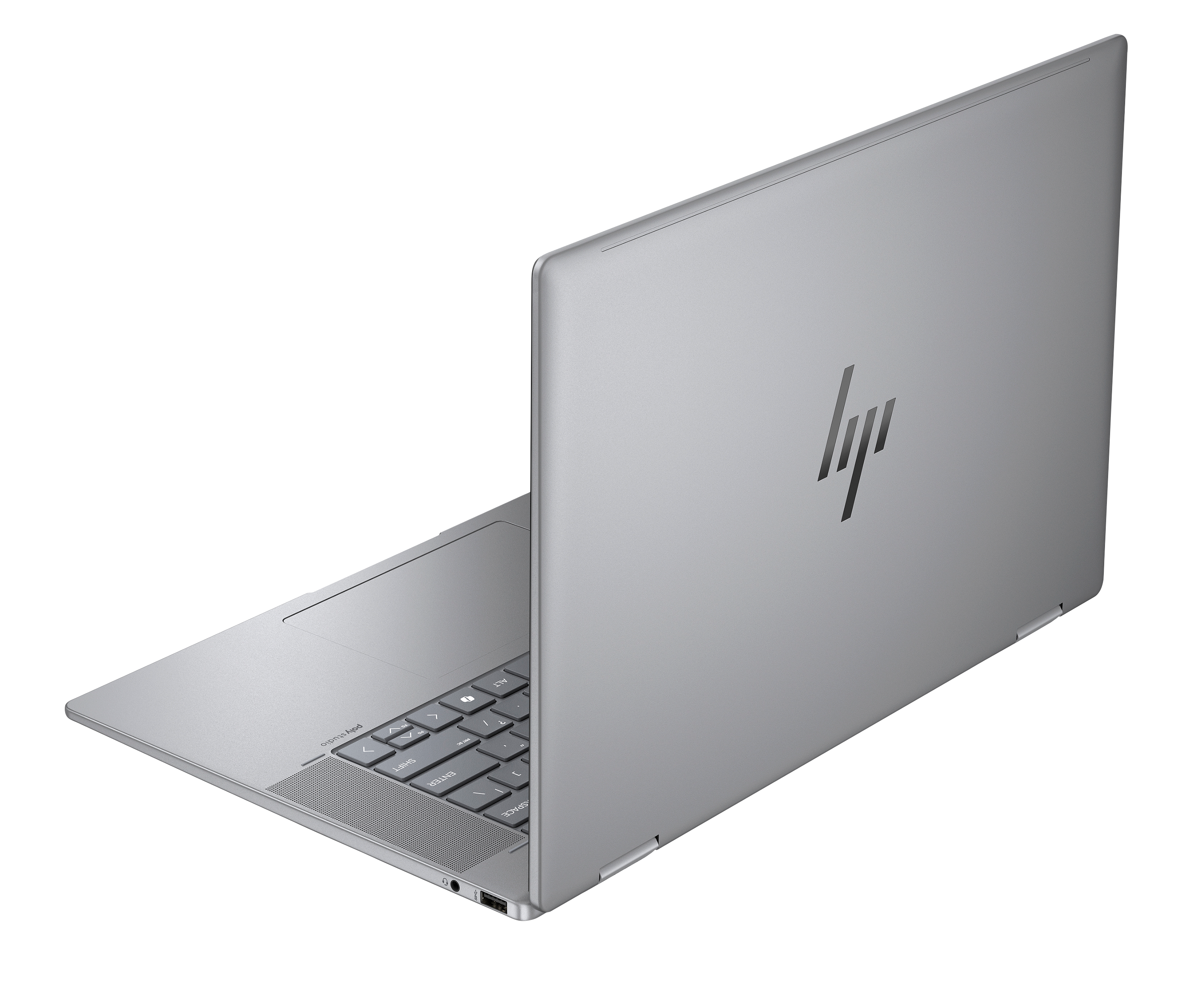 Srebrny laptop z logo HP na pokrywie, na ciemnym tle.