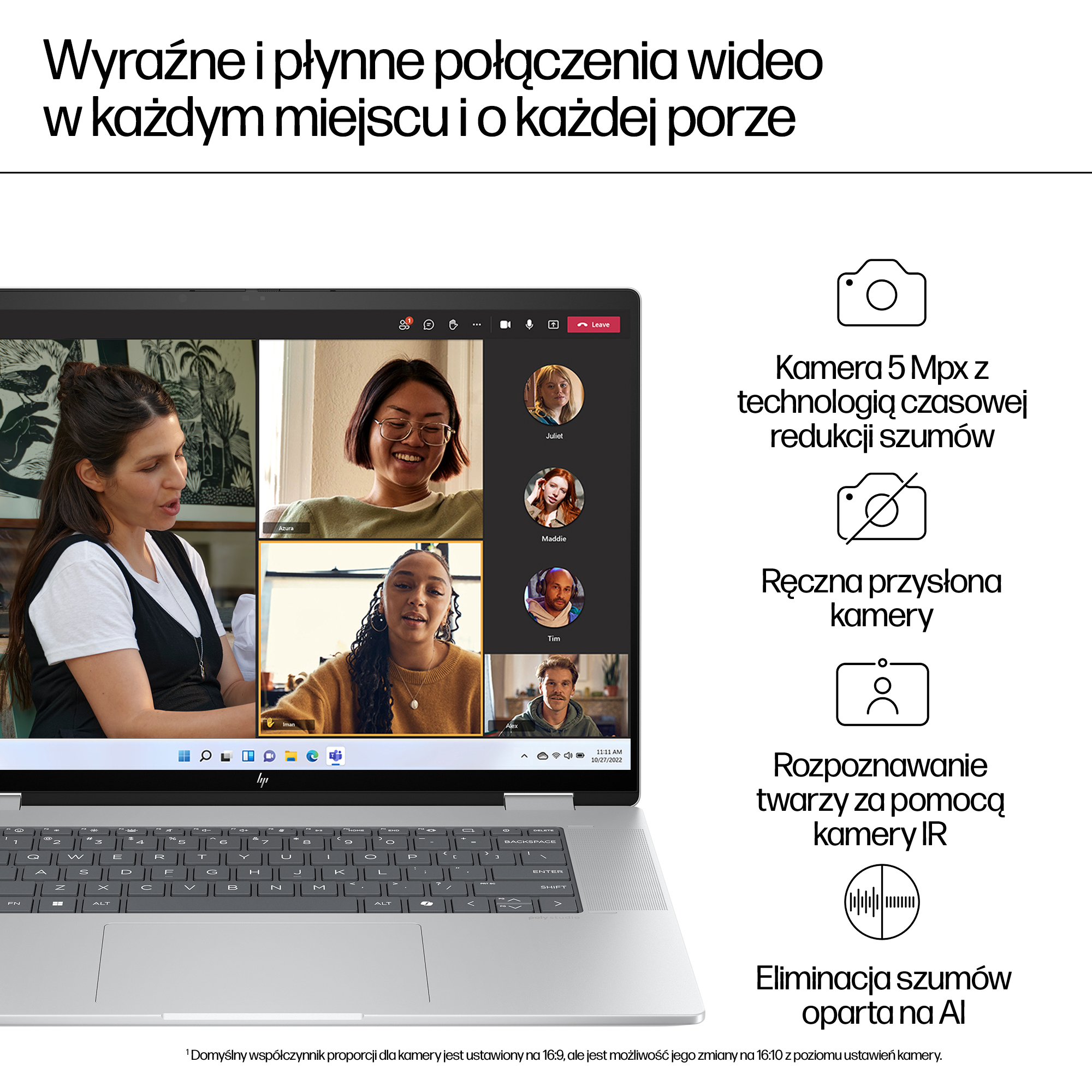 Ekran laptopa z wideokonferencją czterech osób. Po prawej stronie funkcje.
