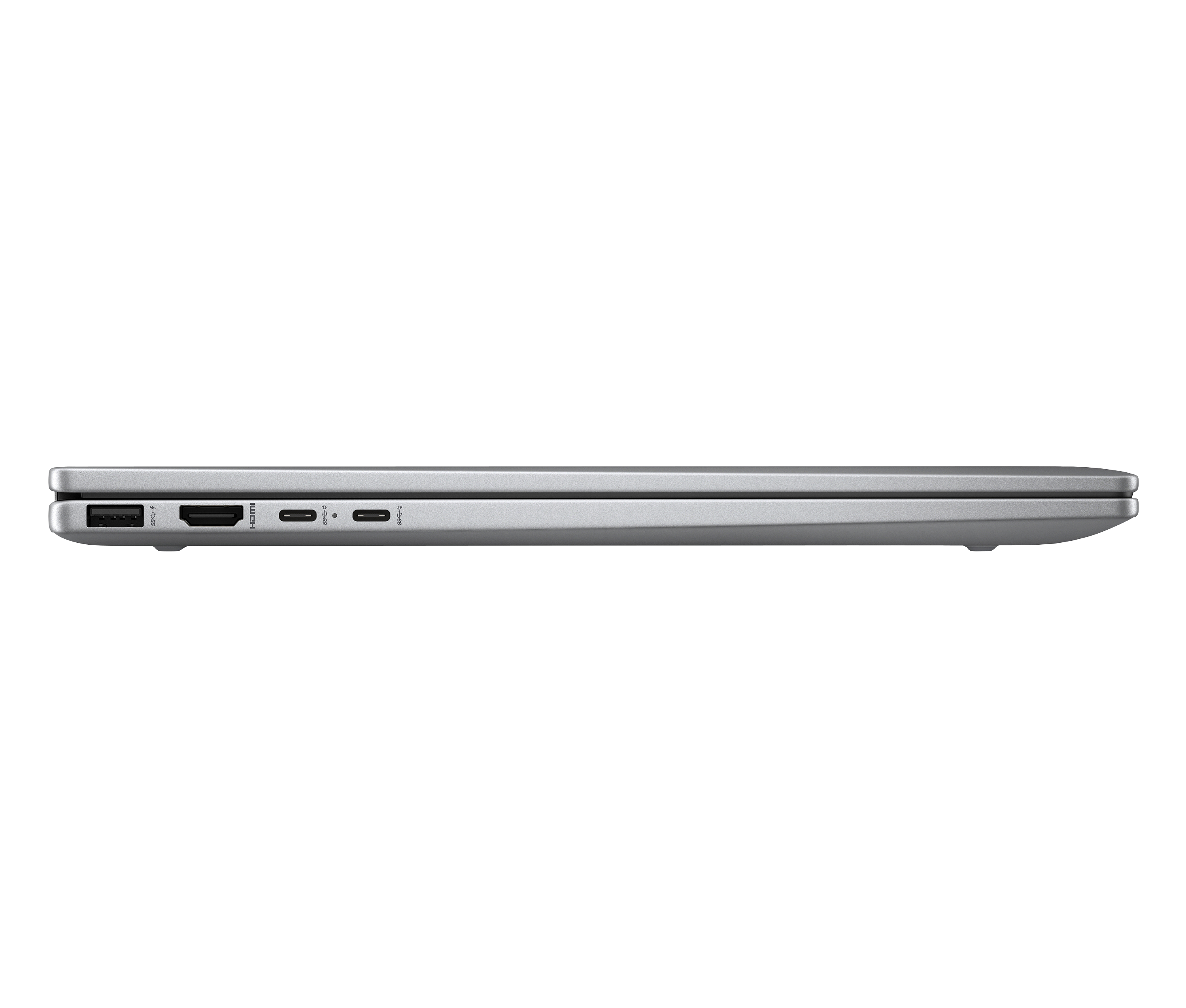 Srebrna krawędź laptopa z portami: USB-A, HDMI, 2x USB-C, czytnik kart SD.