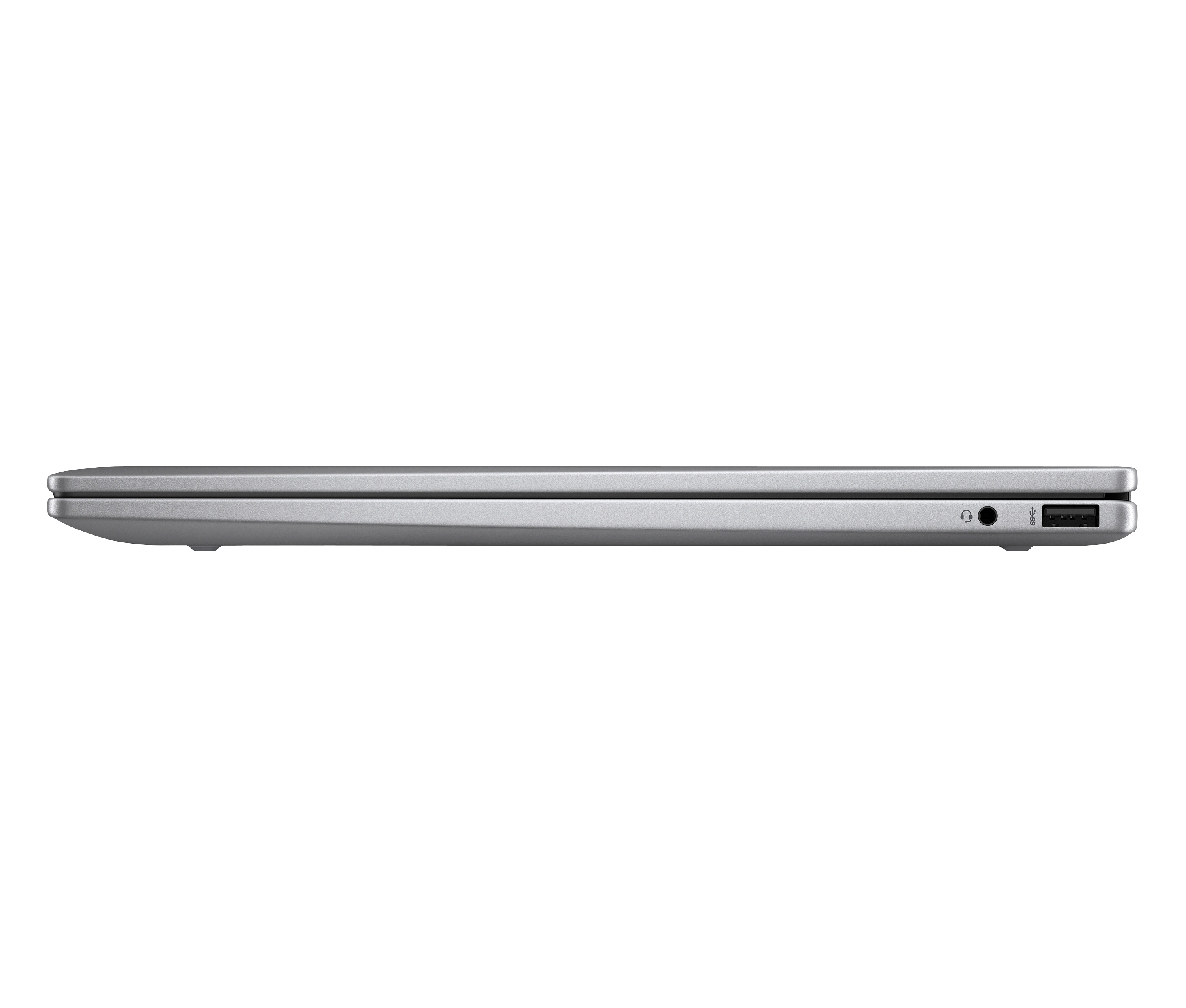 Srebrna krawędź laptopa ze złączem słuchawkowym i portem USB na czarnym tle.