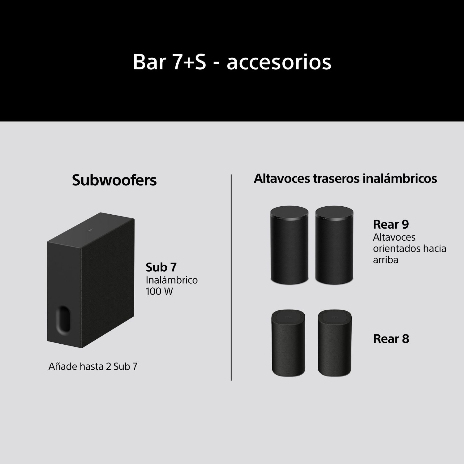 Accesorios Bar 7 + S. Subwoofers: Sub 7 (Inalámbrico 100 W). Altavoces traseros inalámbricos: Rear 9 (Altavoces orientados hacia arriba), Rear 8.