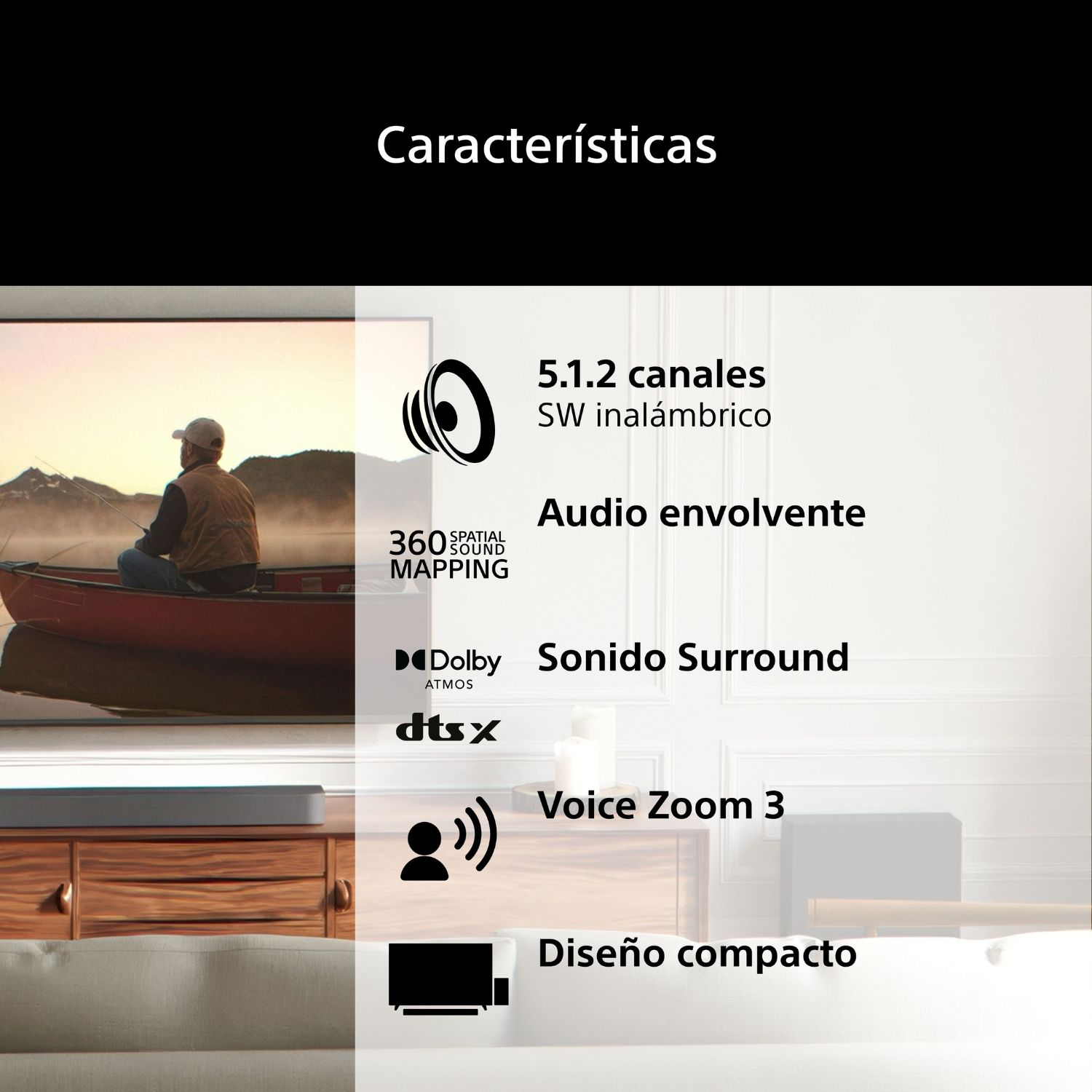 Hombre en bote, 5.1.2 canales, sonido envolvente, Dolby Atmos, DTS:X, Voice Zoom 3, diseño compacto.