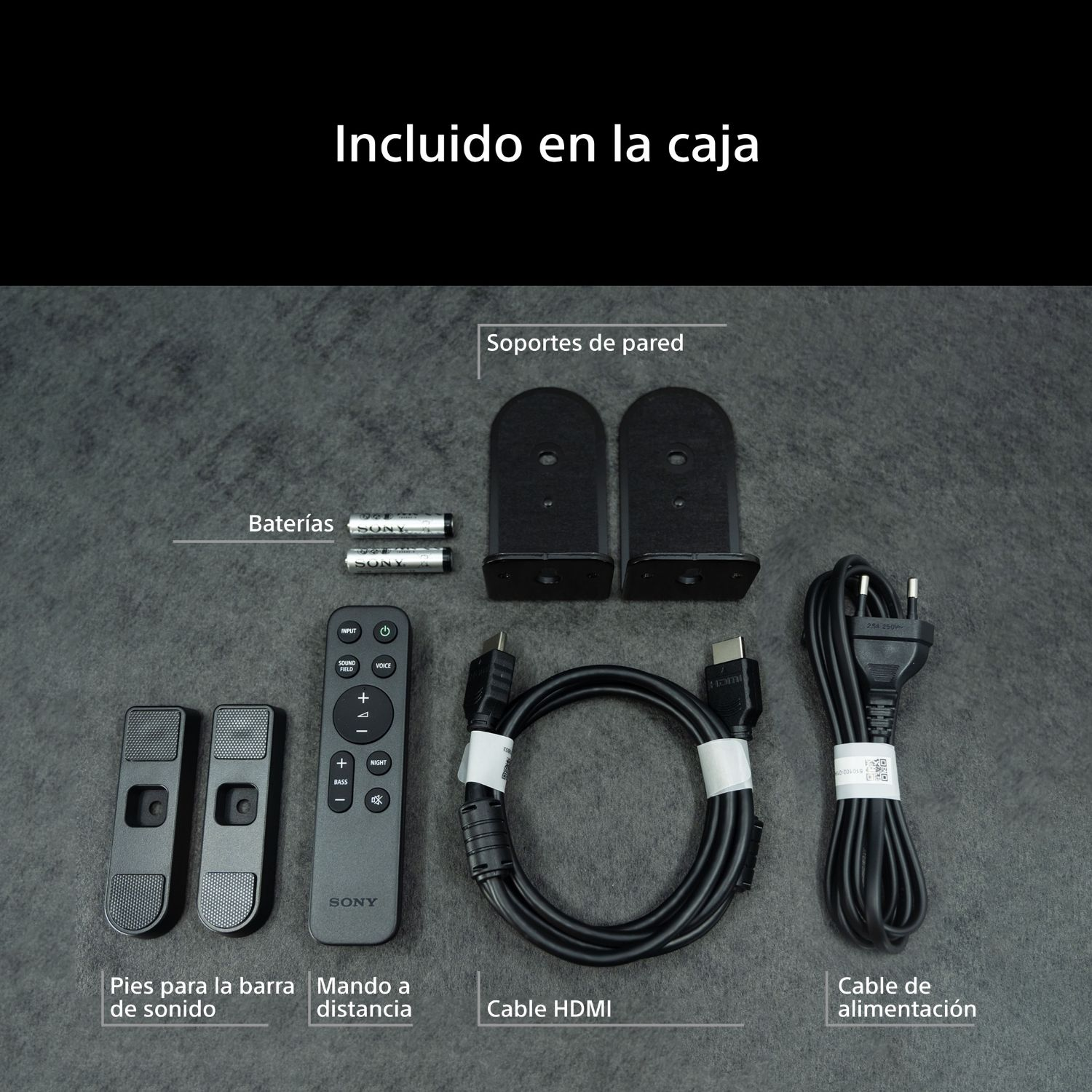 Incluido en la caja: Soportes de pared, Baterías, Pies para la barra de sonido, Mando a distancia, Cable HDMI, Cable de alimentación.