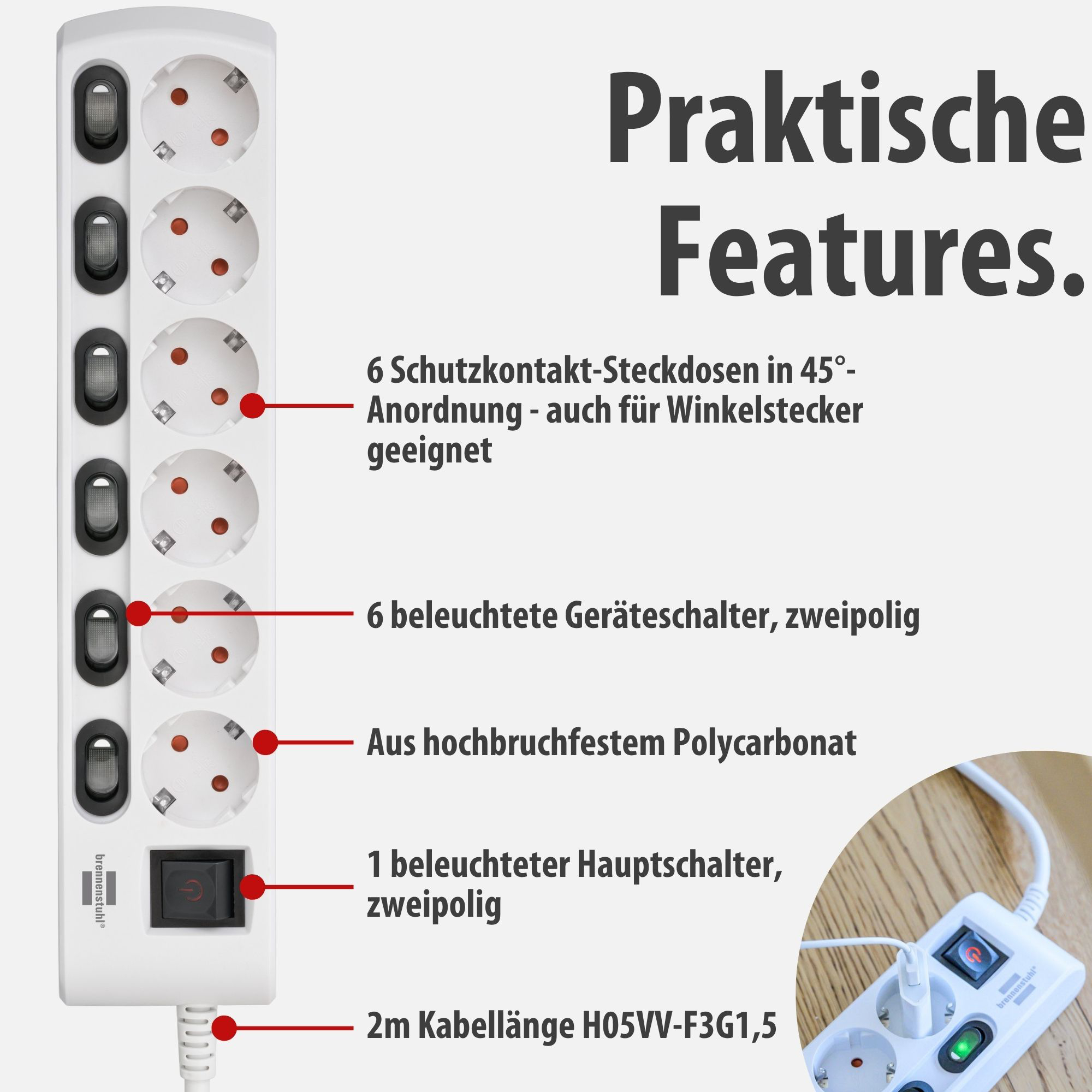 Weiße Steckdosenleiste mit 6 Steckplätzen, 6 Schaltern und 1 Hauptschalter.