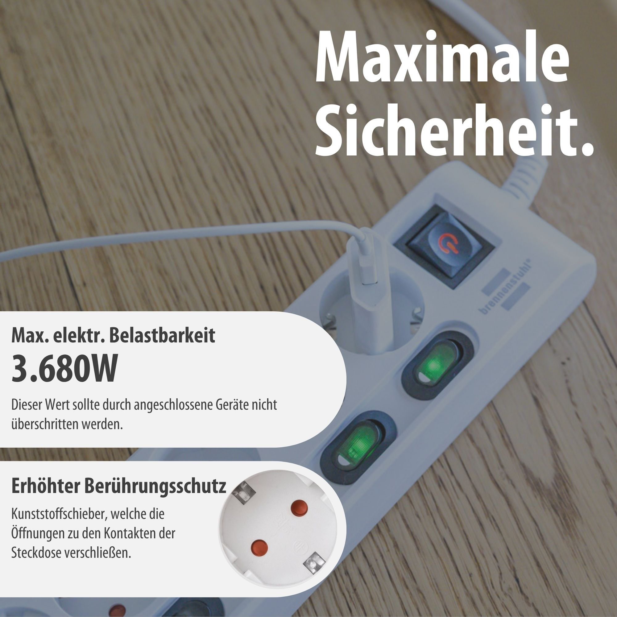 Eine weiße Steckdosenleiste mit Schaltern, maximaler Belastbarkeit und Schutz.
