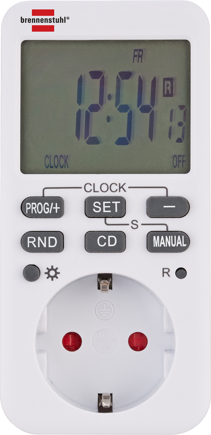 Ein weißer digitaler Zeitschaltstecker mit LCD-Anzeige zeigt 12:54 an.