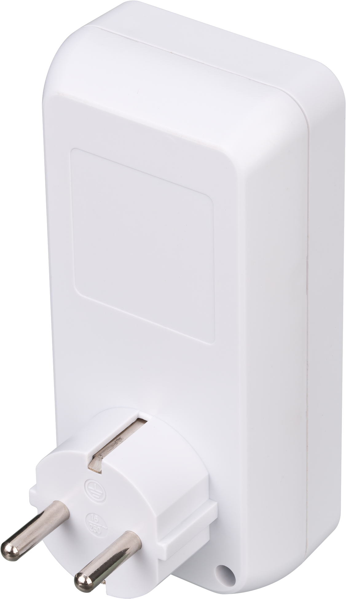 Ein weißer Steckeradapter mit zwei Metallstiften und einem rechteckigen Feld.
