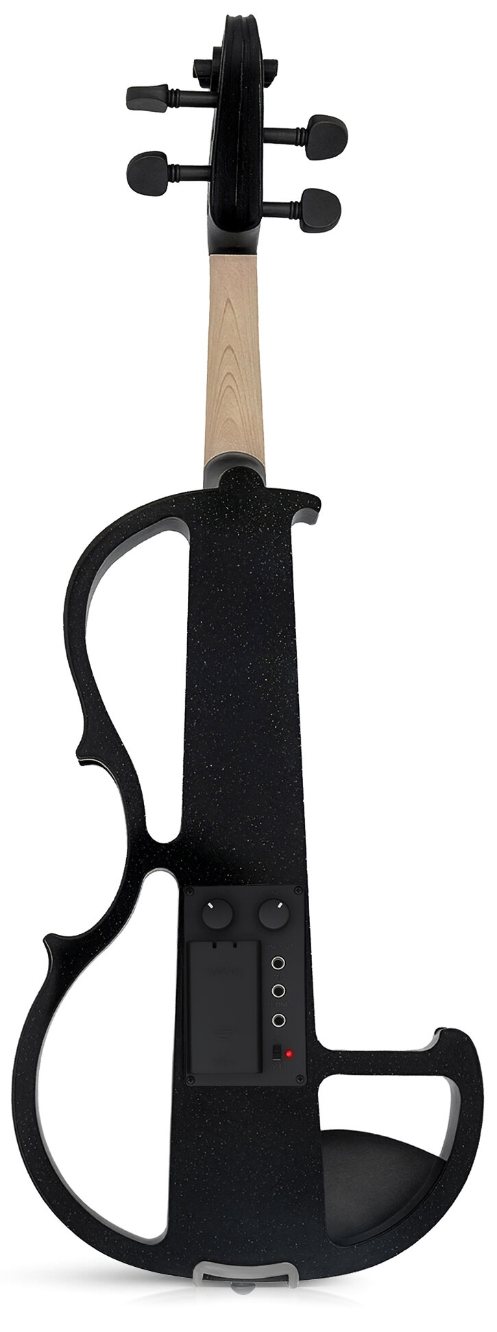 Czarny elektryczny skrzypce z jasną drewnianą szyjką, na białym tle.