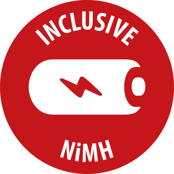 Rotes Emblem mit weißem Akku-Symbol, Blitz und Text 'INCLUSIVE NiMH'.