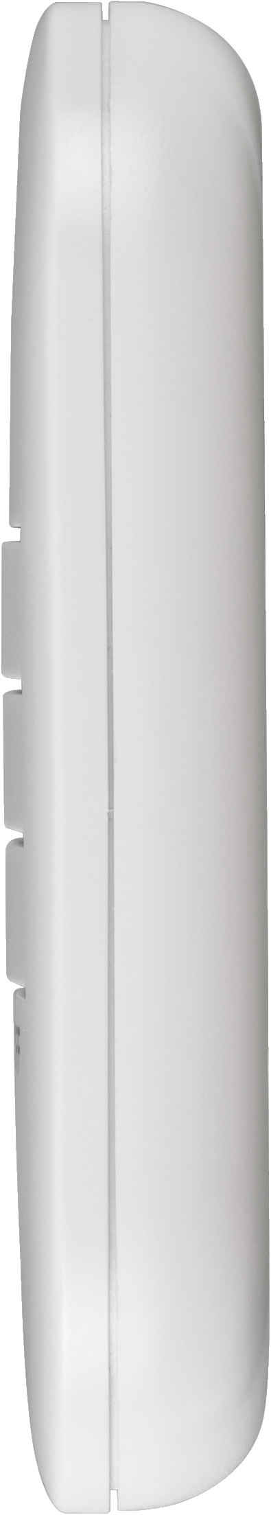 Ein weißes, rechteckiges Objekt mit abgerundeten Ecken, seitlich aufgenommen.