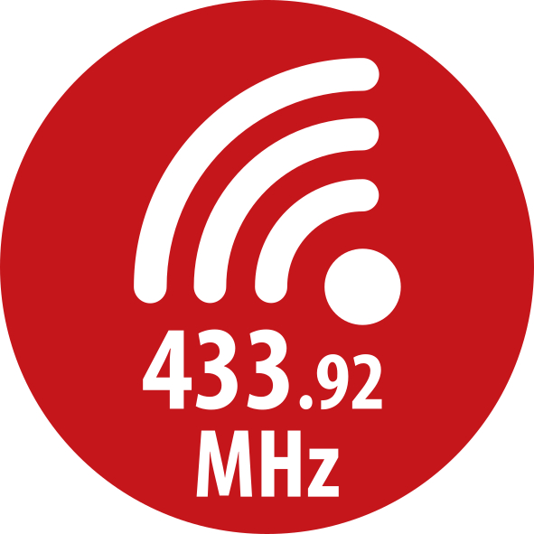 Rotes Kreislogo mit weißem WLAN-Symbol und Frequenzangabe 433.92 MHz.