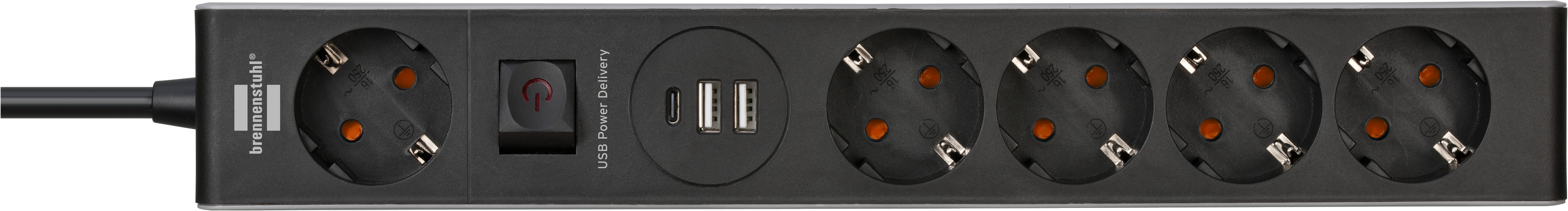 Schwarze Steckdosenleiste mit 6 Steckdosen, Schalter und 2 USB-Anschlüssen.