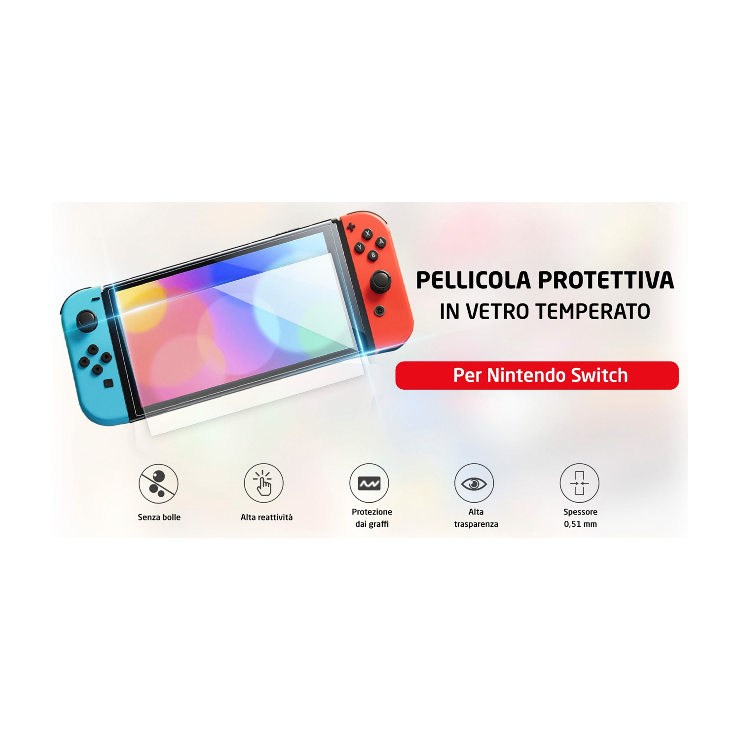 Nintendo Switch con pellicola: senza bolle, reattiva, antigraffio, trasparente, 0,51mm.
