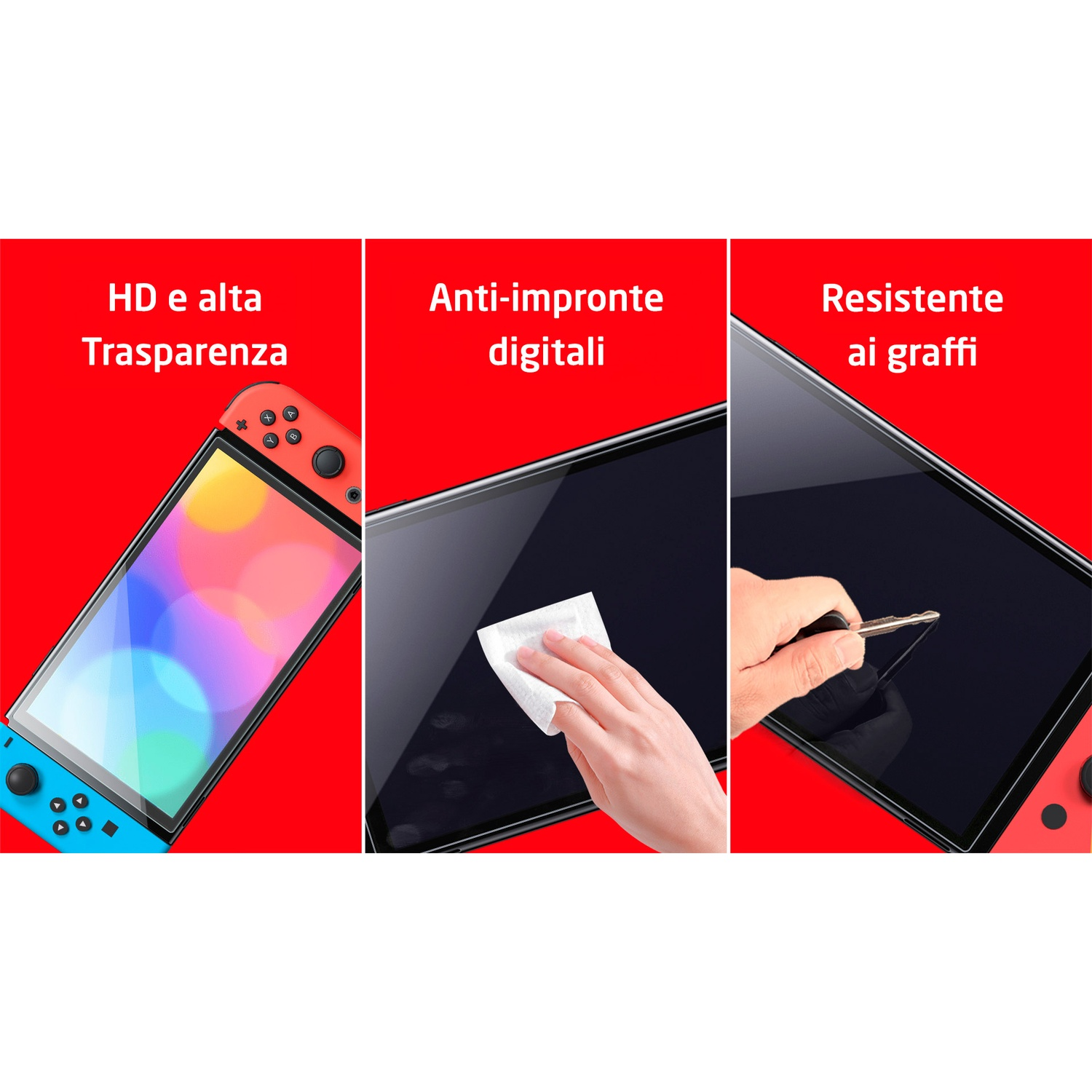 Tre pannelli mostrano una protezione per lo schermo su un Nintendo Switch: HD, anti-impronte, resistenza ai graffi.