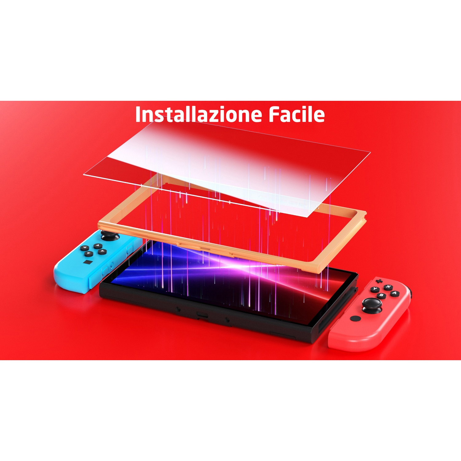 Vista esplosa di uno smartphone con Joy-Con blu e rossi e protezione schermo.