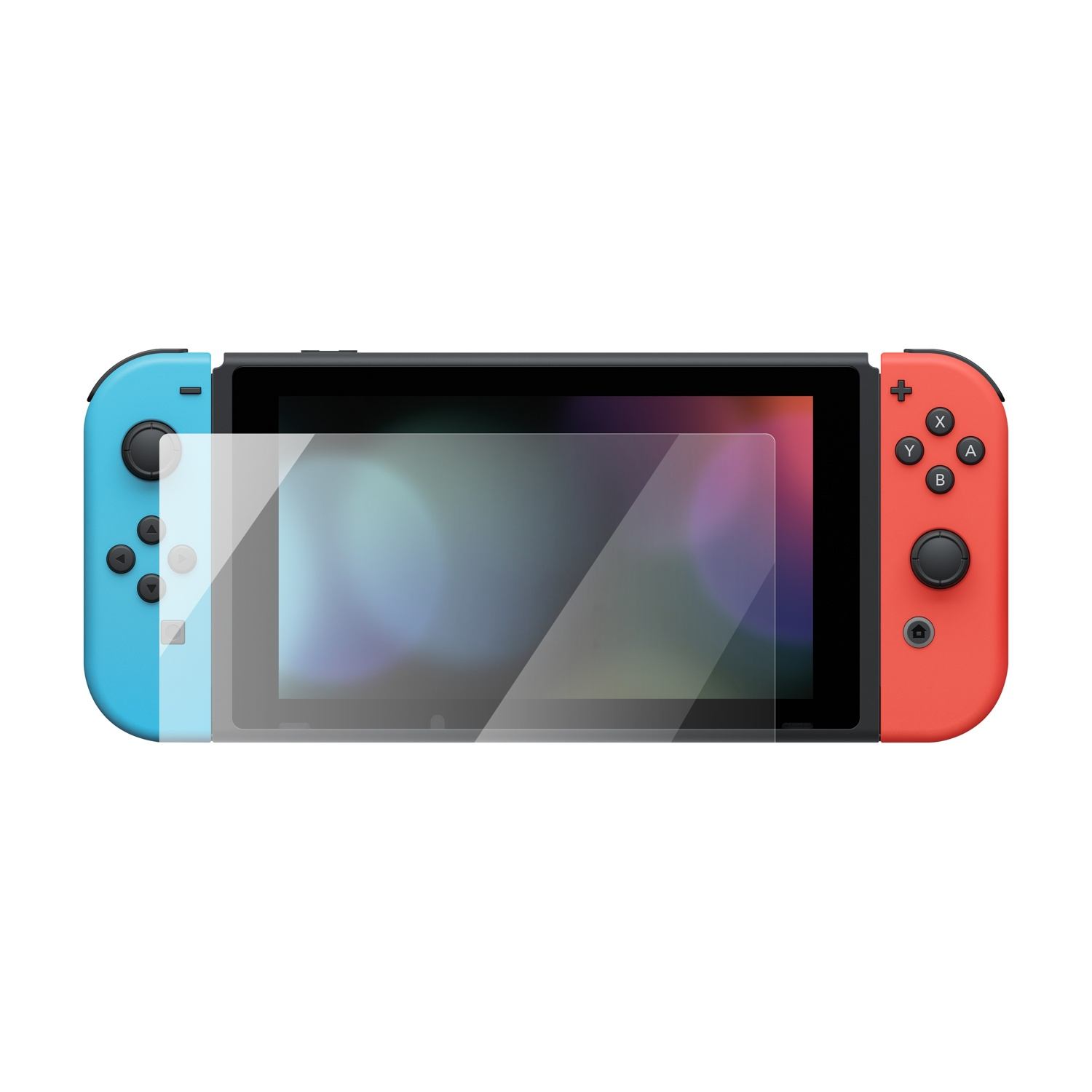 Nintendo Switch con controller blu e rossi, pellicola protettiva.