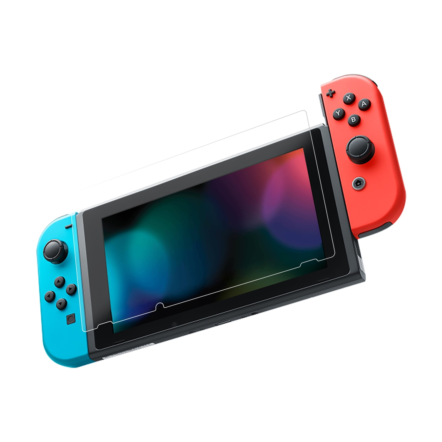 Una Nintendo Switch con Joy-Con blu e rossi, con protezione per lo schermo.