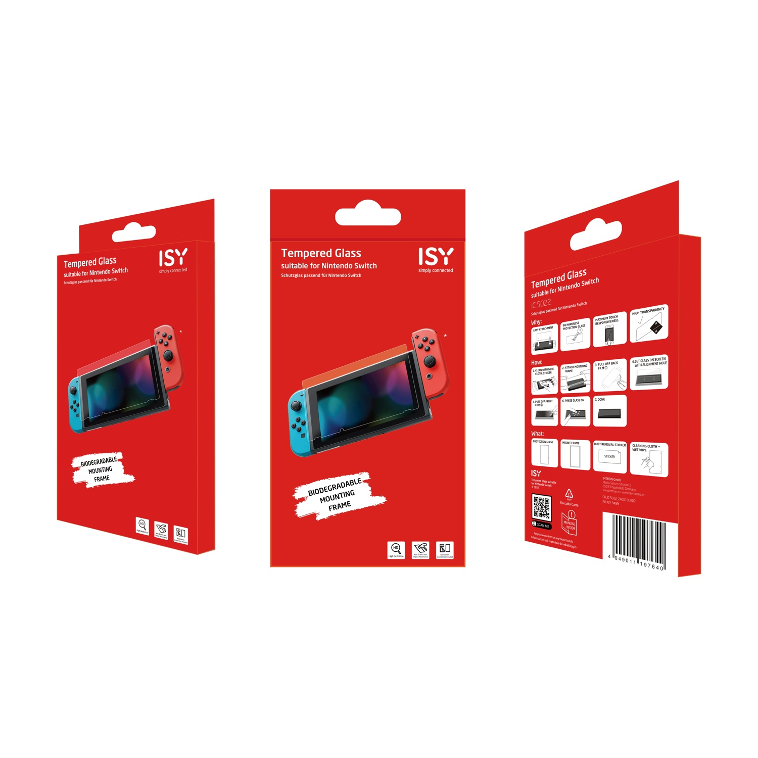 Confezione rossa per proteggi schermo ISY Nintendo Switch, con immagini della console.