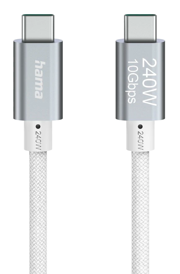 Dwa białe kable USB-C ze srebrnymi złączami. Jeden z napisem 'hama'.