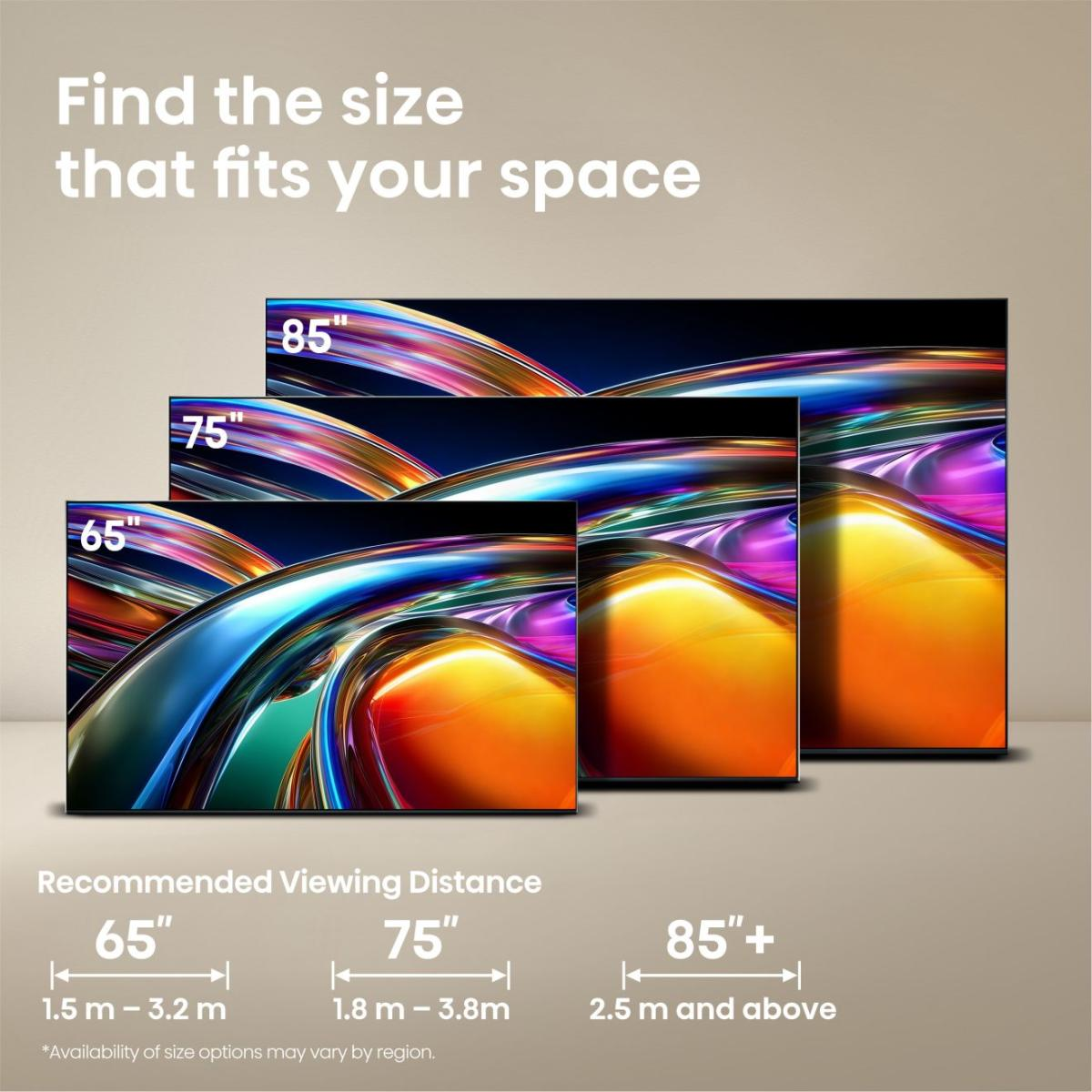 Drei Fernseher der Größen 65", 75", 85" werden mit Betrachtungsabständen angezeigt.