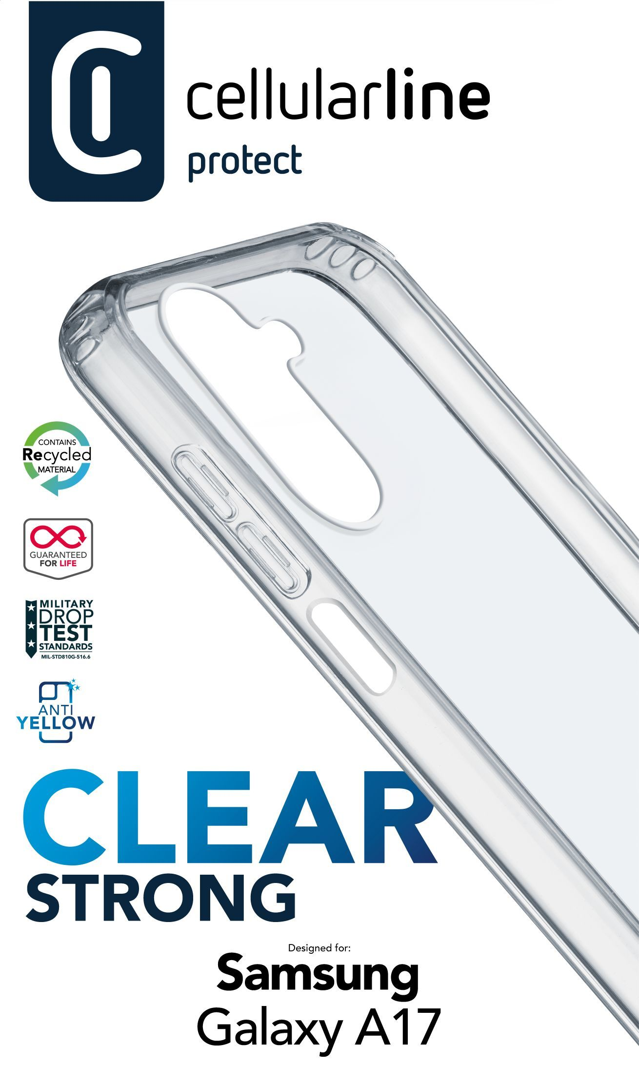 Transparente Hülle für Samsung Galaxy A17, mit Logos für Recycling, lebenslange Garantie und Fallschutz.