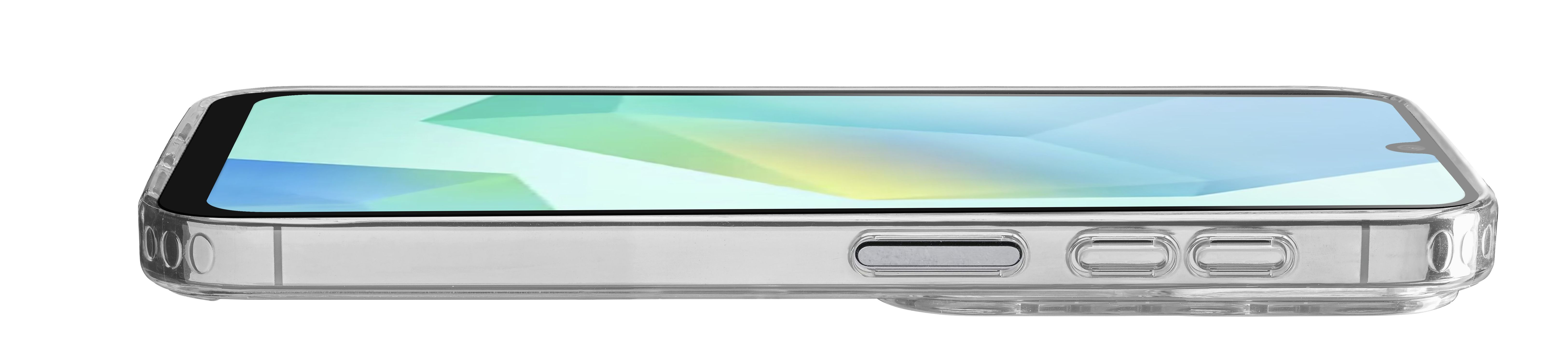 Ein transparentes Handyhülle mit einem Smartphone mit blau-grünem Display.