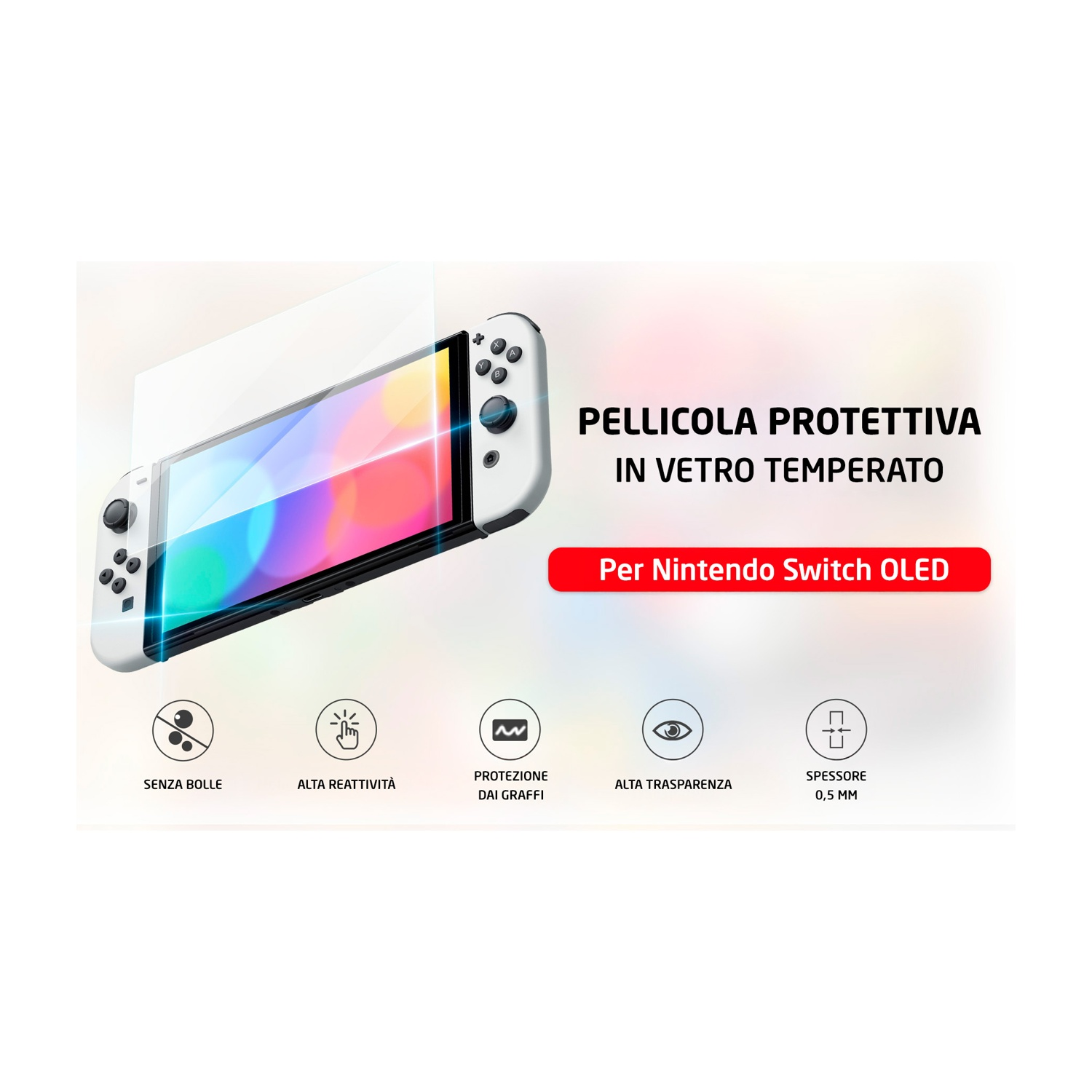 Nintendo Switch OLED con pellicola protettiva senza bolle, alta reattività, antigraffio e trasparente.
