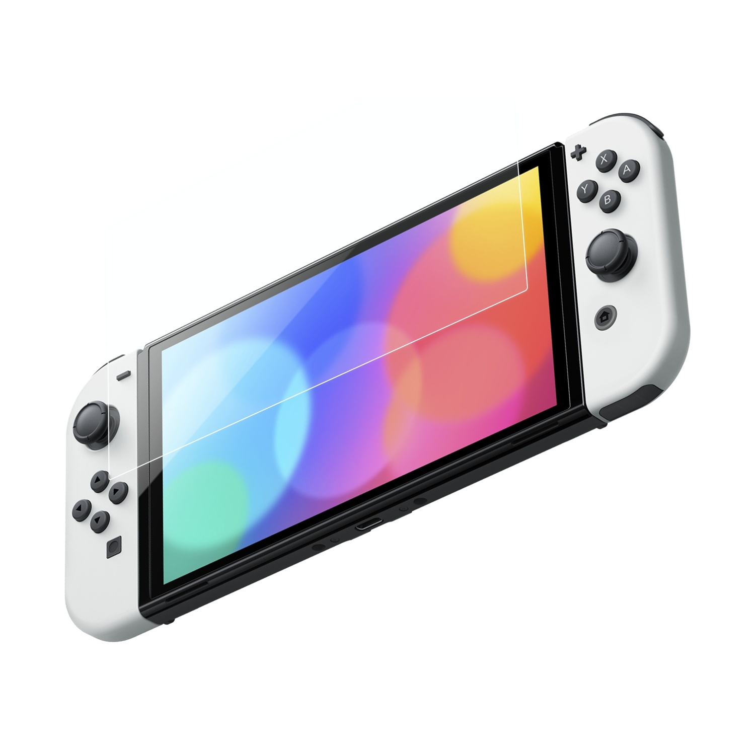 Un modello bianco di Nintendo Switch OLED con pellicola protettiva.