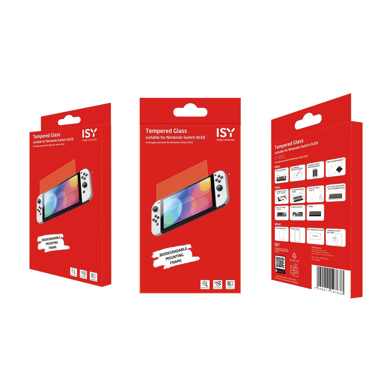 Tre scatole rosse per vetro temperato per Nintendo Switch OLED.