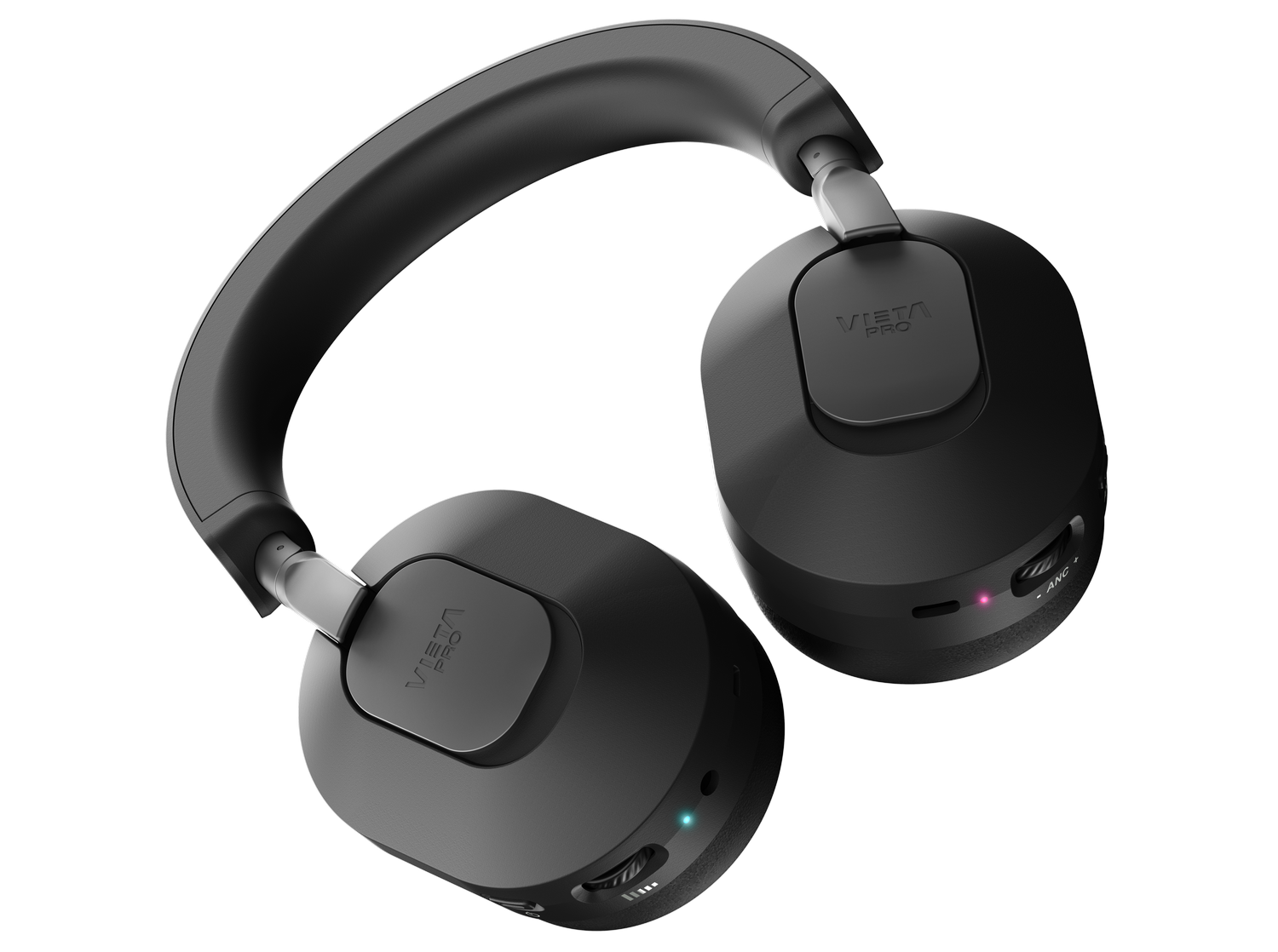 Auriculares negros con detalles plateados y logo "VISTA PRO".