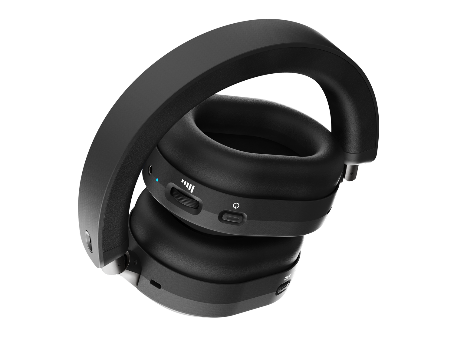 Auriculares negros con control de volumen e icono de encendido.