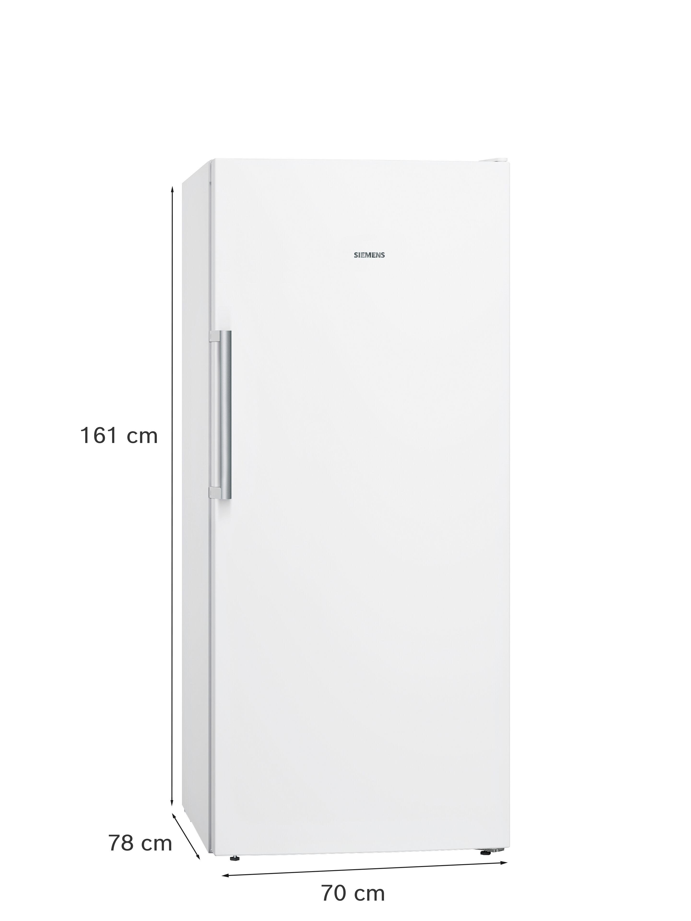 Ein weißer Siemens Kühlschrank mit silbernem Griff, 161x78x70 cm.