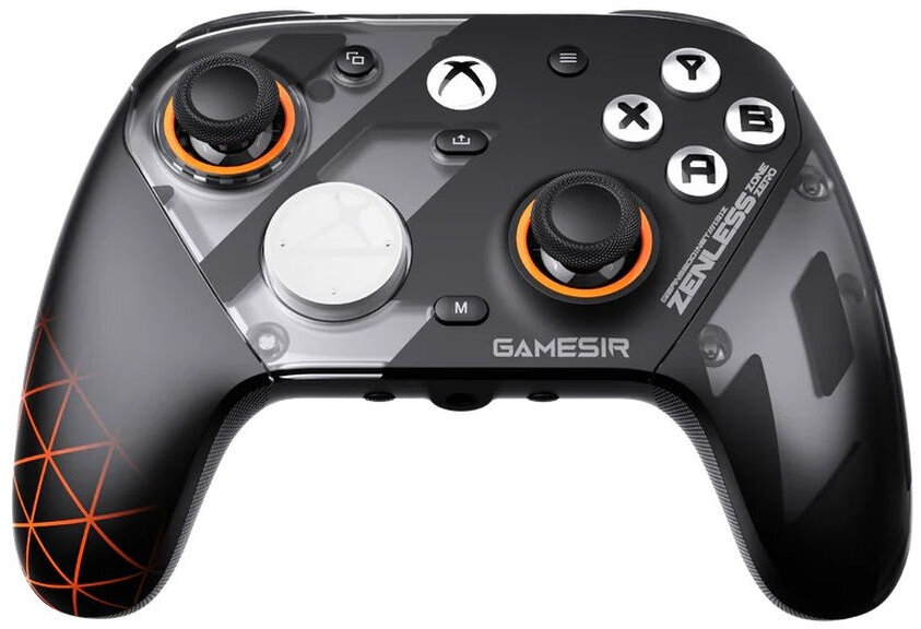 Czarny i przezroczysty kontroler Gamesir z pomarańczowymi akcentami. Posiada analogowe drążki, przyciski i logo Xbox.