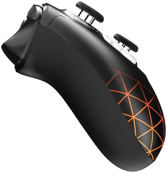 Czarny kontroler do gier z pomarańczowym wzorem kraty i dwoma joystickami.